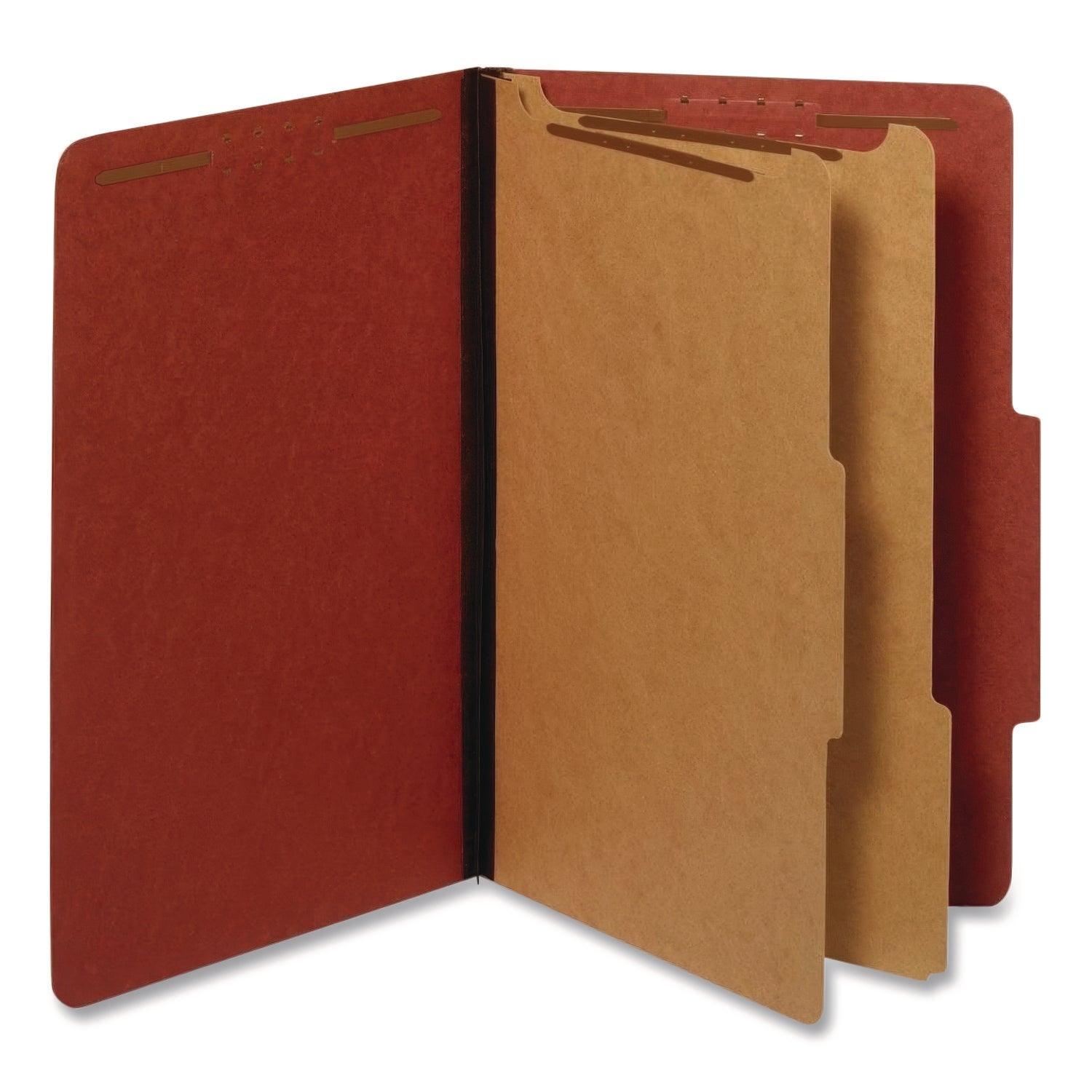 Pendaflex® Reinforced Pressboard Classification Folders, 2.5" Expansion, 2 Dividers, 6 Fasteners, Legal Size, Red Exterior, 10/Box