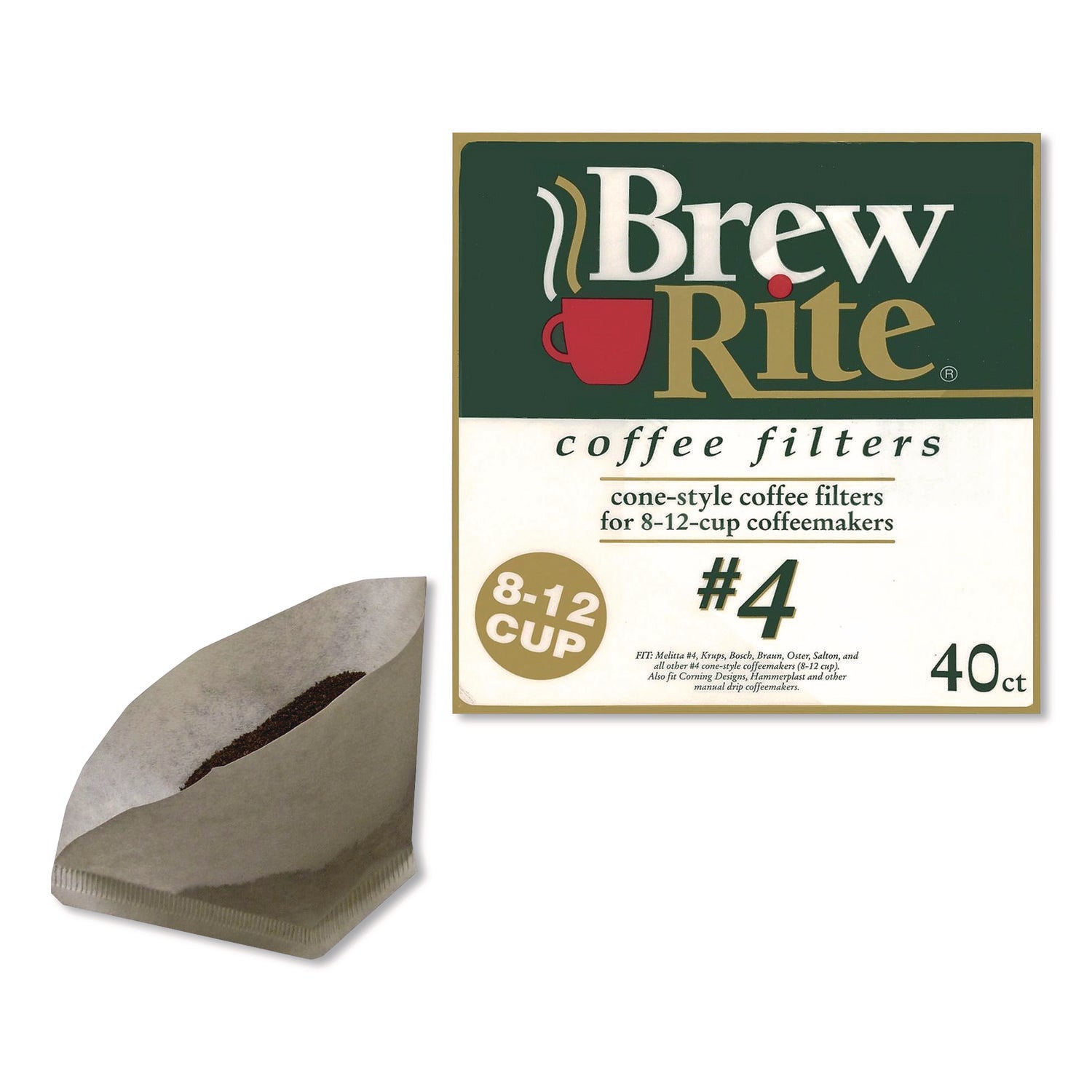 Brew Rite® Paper Cone Filters, 8 to 12 Cup Size, Cone, 40/Pack