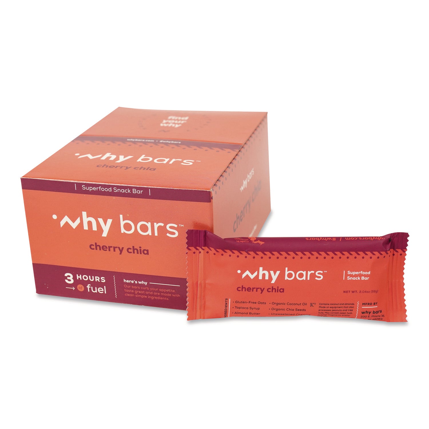 Why Bars™ Superfood Snack Bar, Cherry Chia, 2.04 oz Bar, 12/Box
