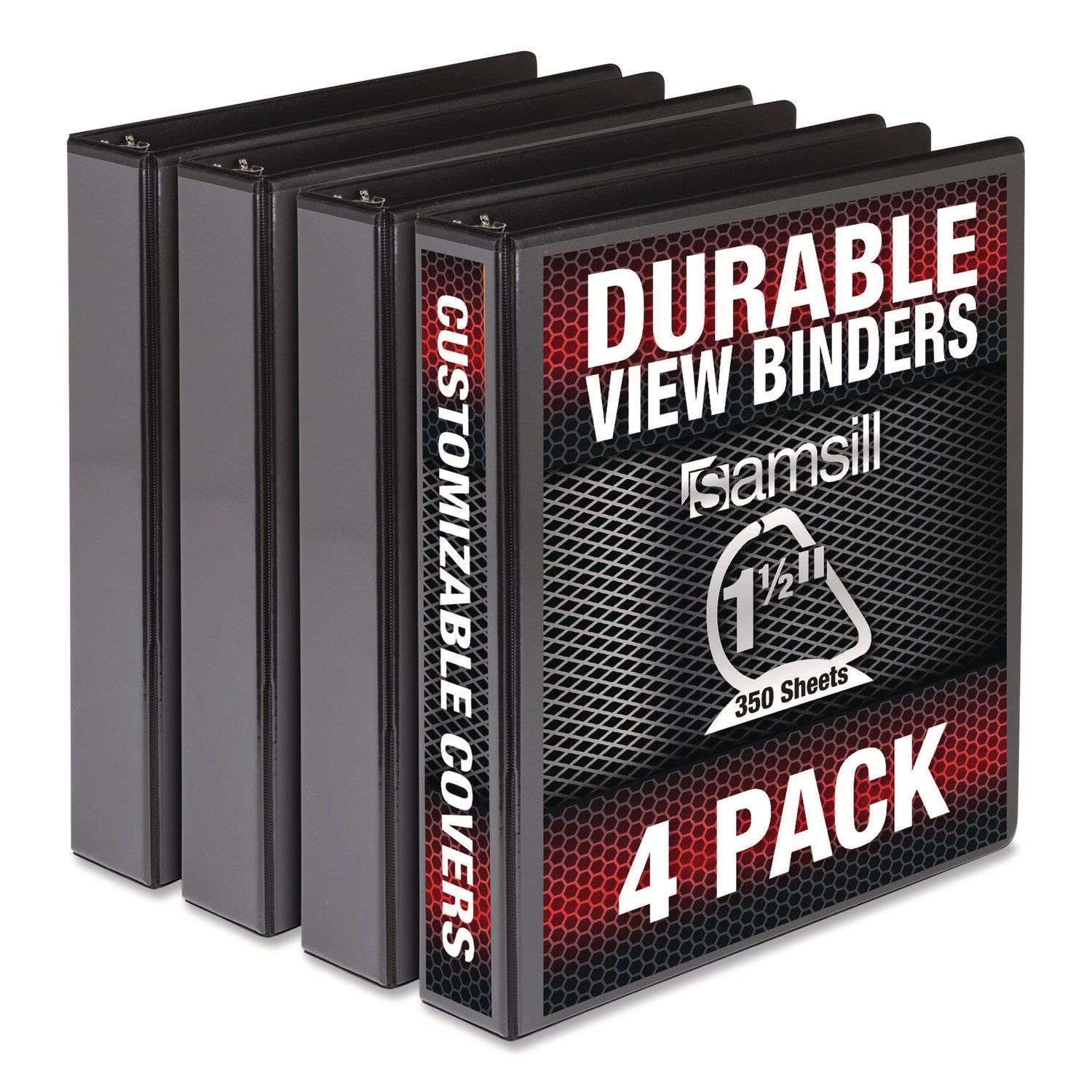 Samsill® Durable D-Ring View Binders, 3 Rings, 1.5" Capacity, 11.5" x 8.5", Black, 4/Pack