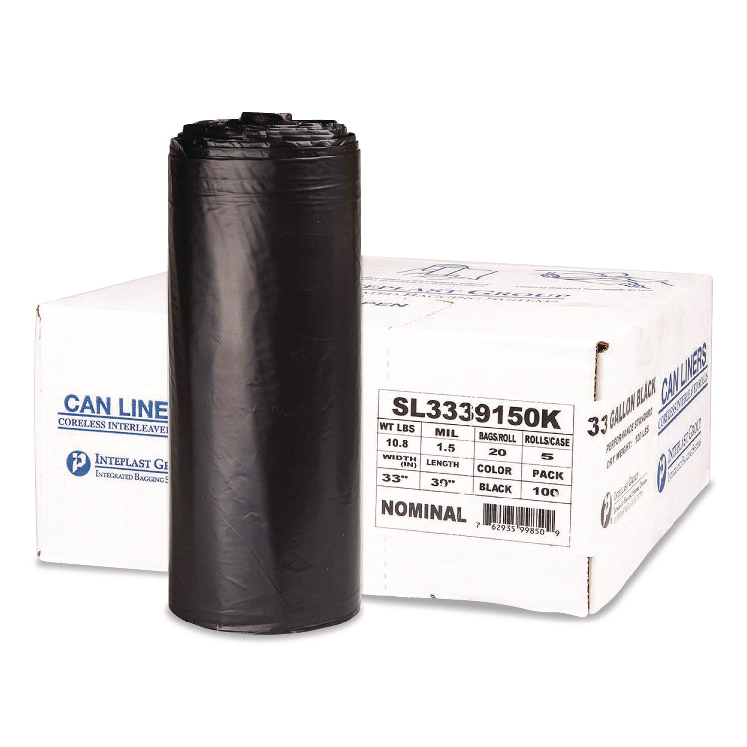 Inteplast Group Low-Density Commercial Can Liners, 33 gal, 1.5 mil, 33" x 39", Black, Interleaved Roll, 20 Bags/Roll, 5 Rolls/Carton