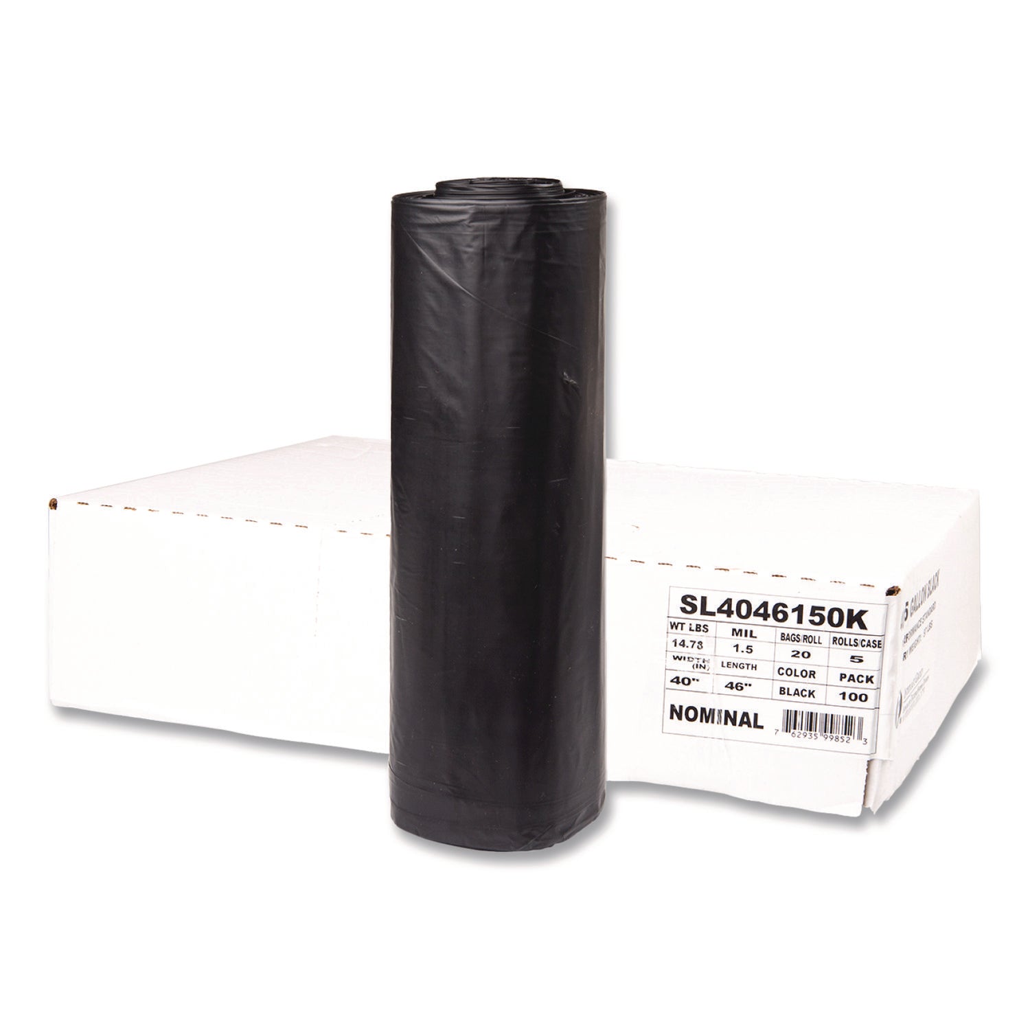 Inteplast Group Institutional Low-Density Can Liners, 45 gal, 1.5 mil, 40" x 46", Black, Interleaved Roll, 20 Bags/Roll, 5 Rolls/Carton