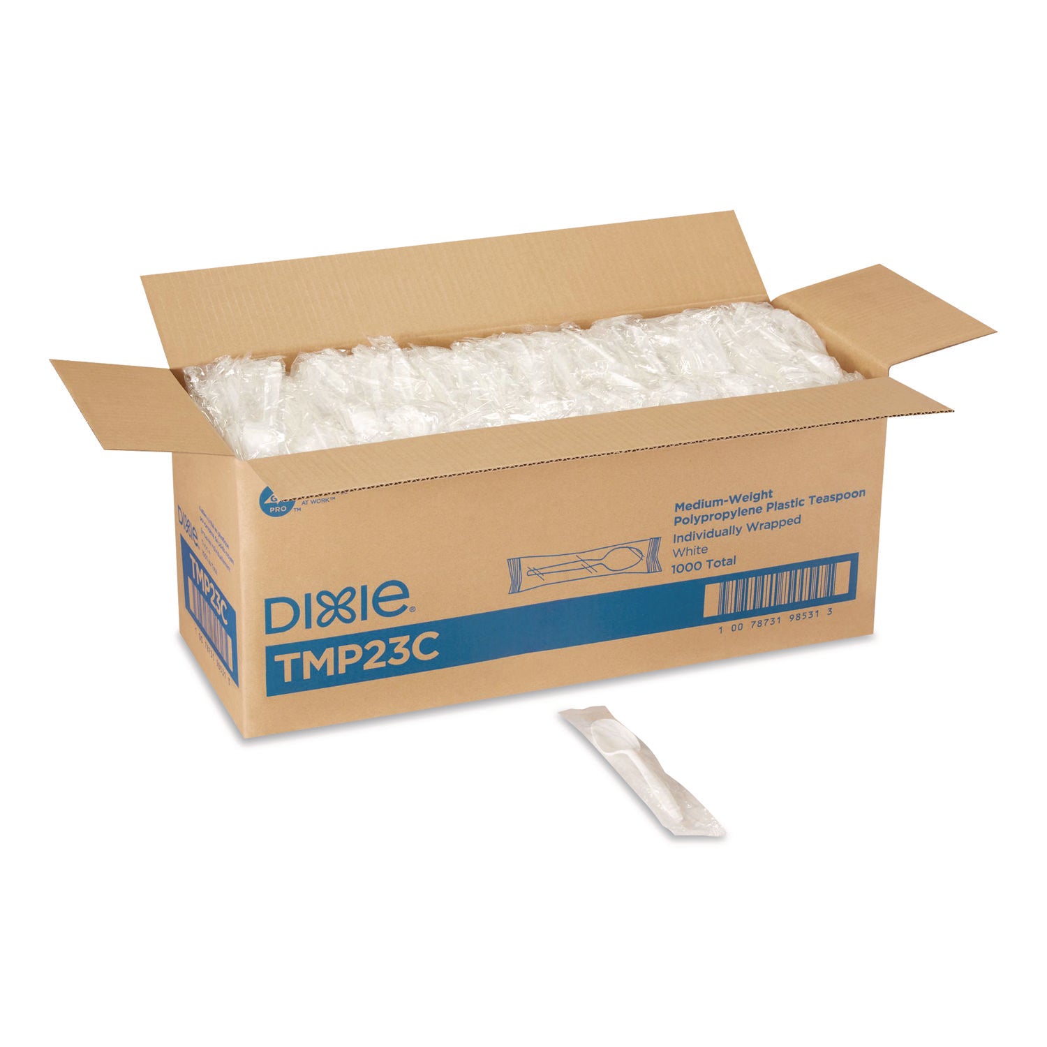 Dixie® Mediumweight Polypropylene Cutlery, Individually Wrapped, Teaspoon, Plastic, White, 1,000/Carton