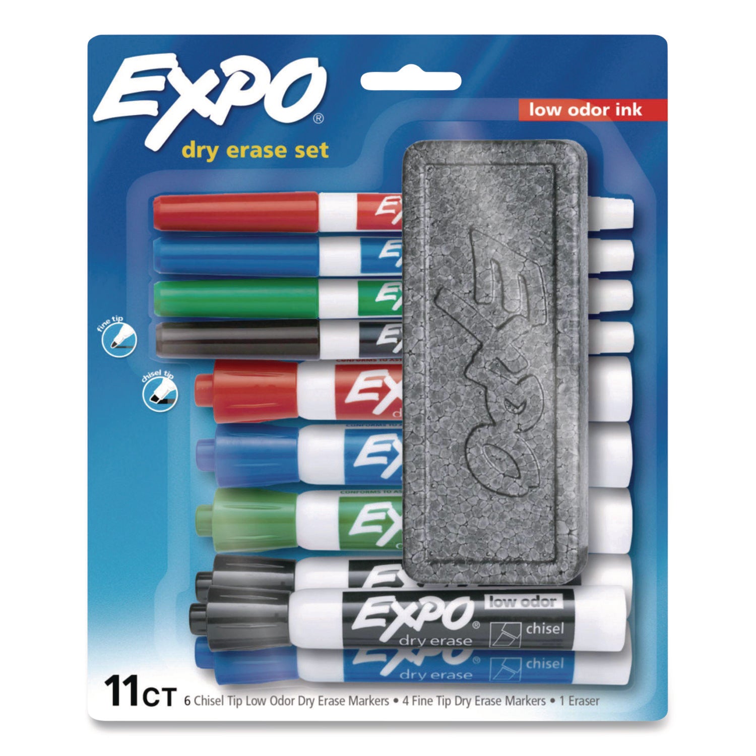 EXPO® Low-Odor, Dry Erase 10-Color Marker and Eraser Set, Broad Chisel/Fine Bullet Tips, Assorted Colors, 11 Pieces/Set