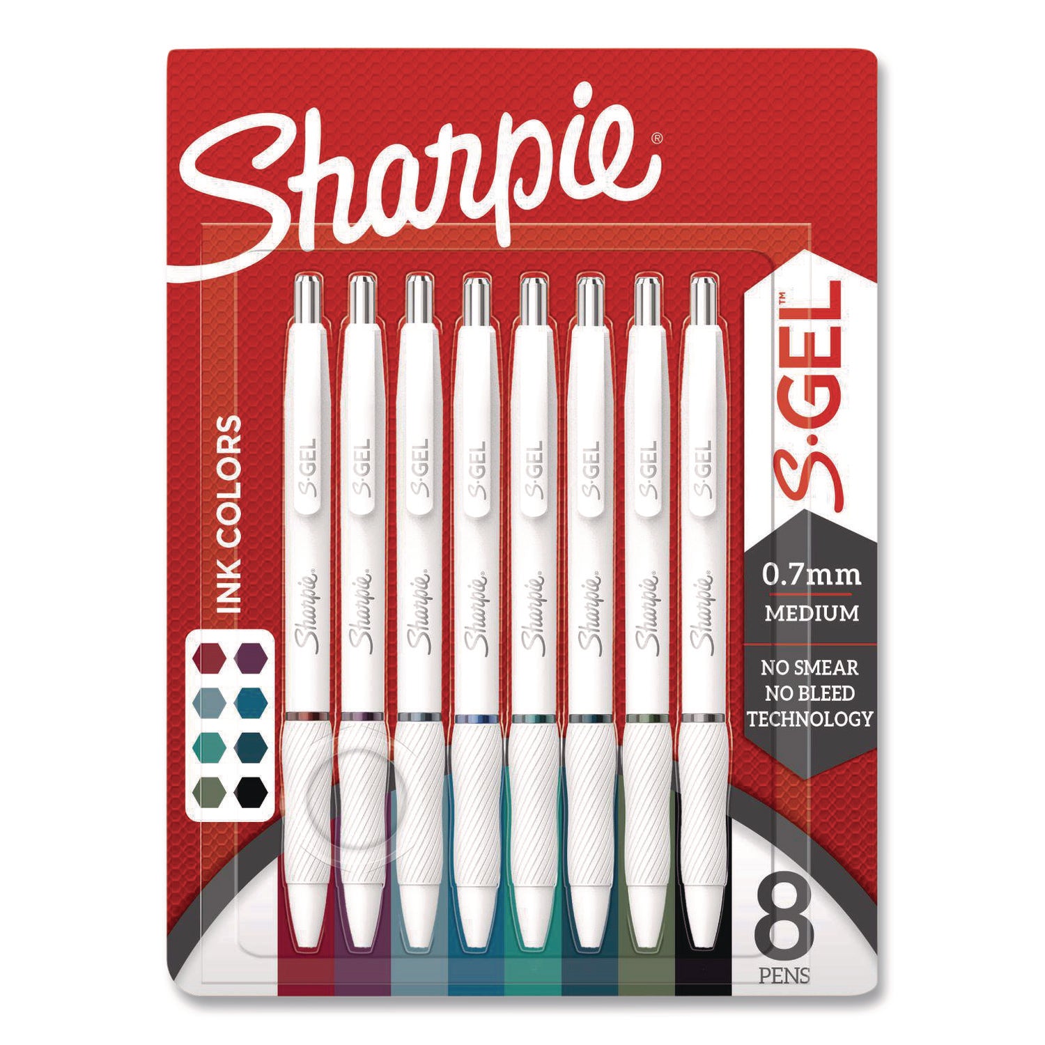 Sharpie® S-Gel™ S-Gel Fashion Barrel Gel Pen, Retractable, Medium 0.7 mm, Assorted Ink, White Barrel, 8/Pack