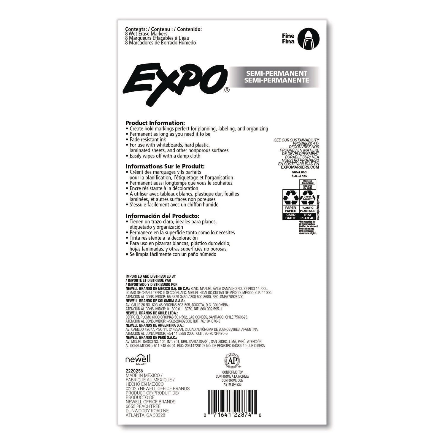 EXPO® Wet Erase Markers, Fine Needle Tip, Assorted, 8/Pack