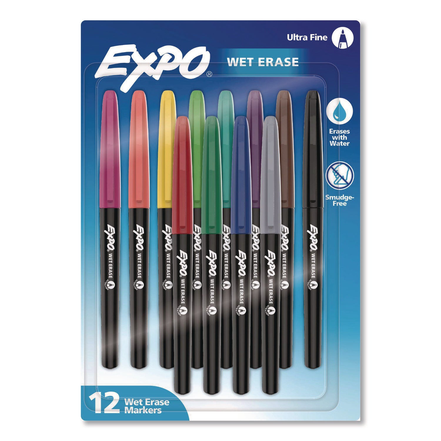 EXPO® Wet Erase Markers, Ultra Fine Needle Tip, Assorted Colors, 12/Pack