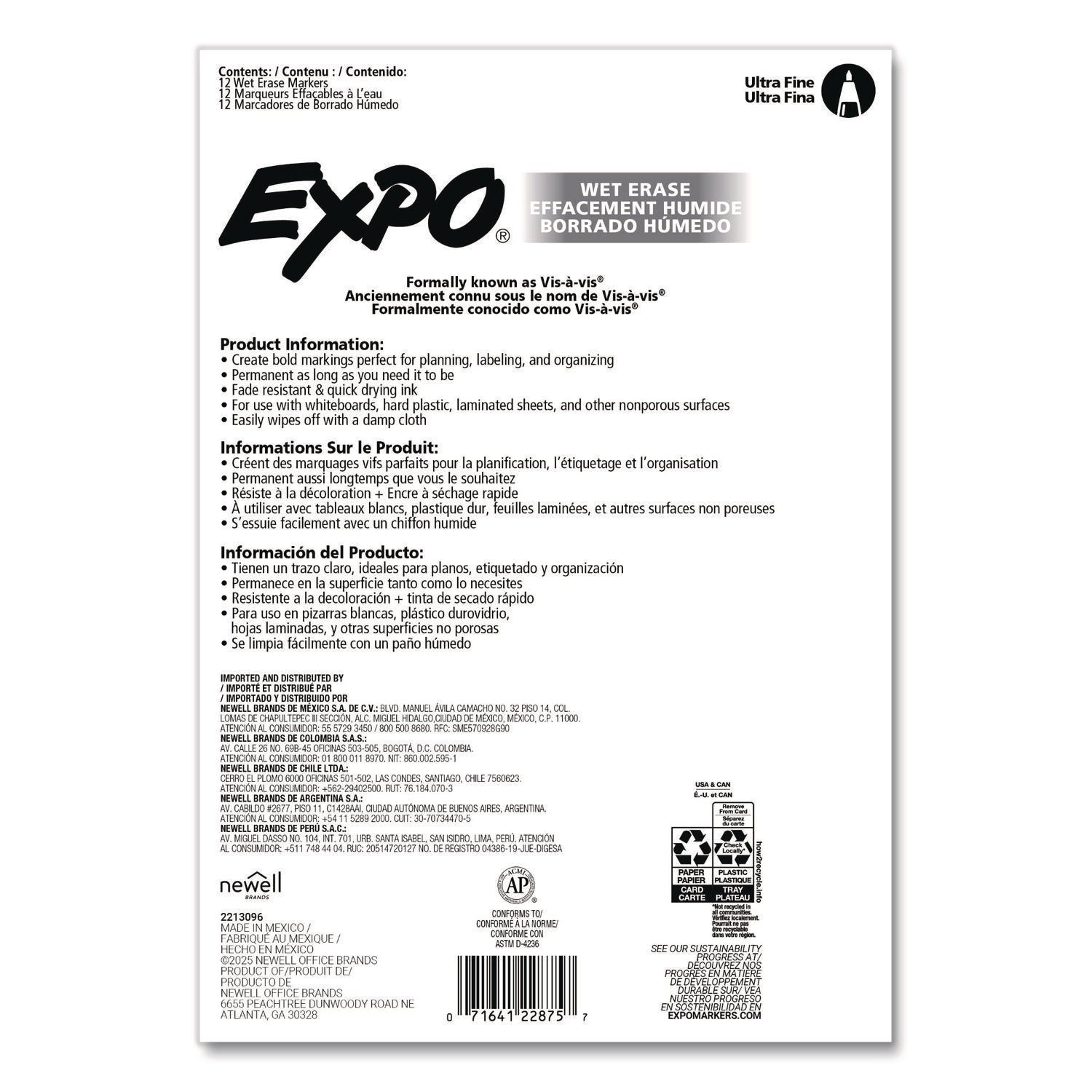 EXPO® Wet Erase Markers, Ultra Fine Needle Tip, Assorted Colors, 12/Pack