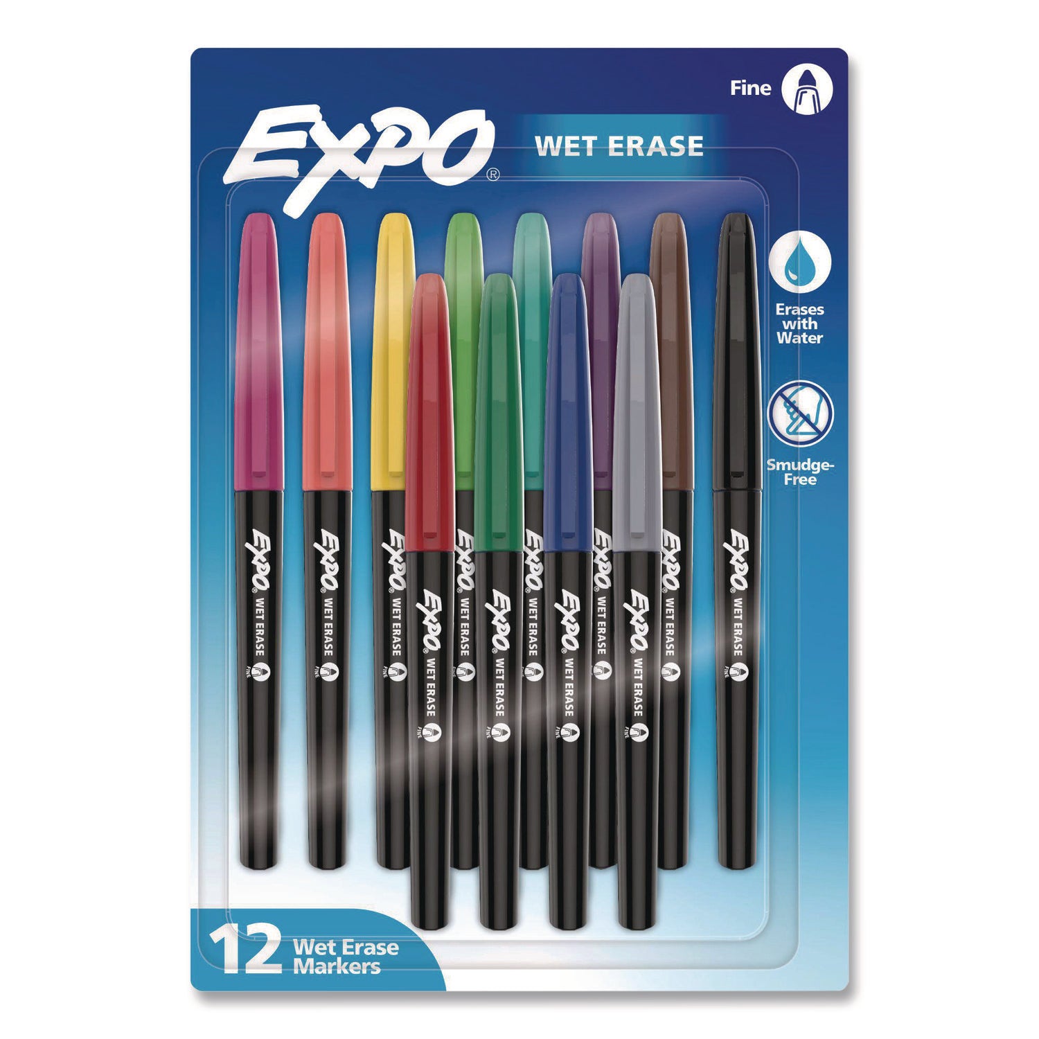 EXPO® Wet Erase Markers, Fine Needle Tip, Assorted Colors, 12/Pack