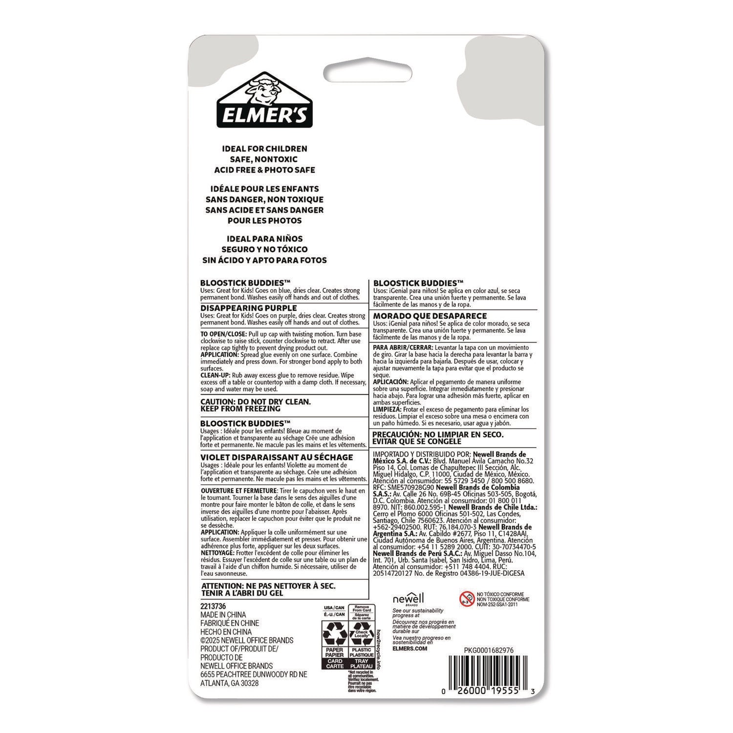 Elmer's® BlooStick Buddies and Disappearing Purple Glue Stick Combo Pack, 0.21 oz, Dries Clear, 12/Pack