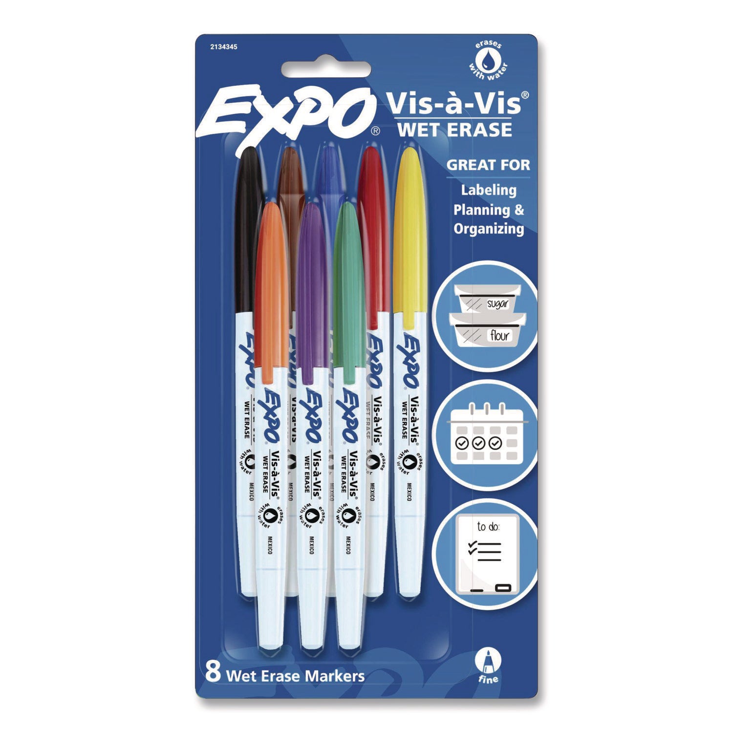 EXPO® Vis-à-Vis Wet Erase Marker, Fine Bullet Tip, Assorted Colors, 8/Pack