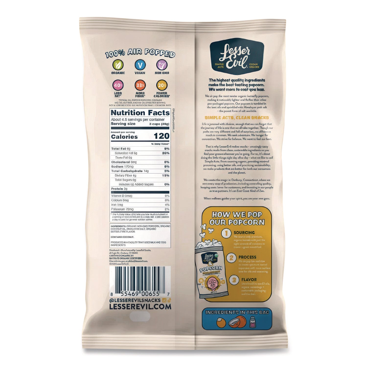 LesserEvil® Snack Organic Himalayan Gold Popcorn, 0.88 oz Bag, 18/Carton