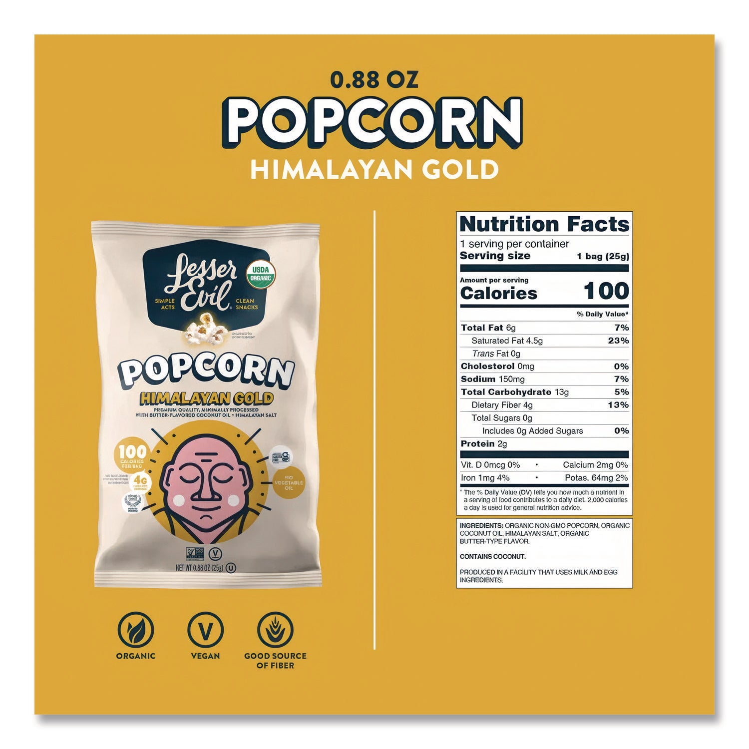 LesserEvil® Snack Organic Himalayan Gold Popcorn, 0.88 oz Bag, 18/Carton