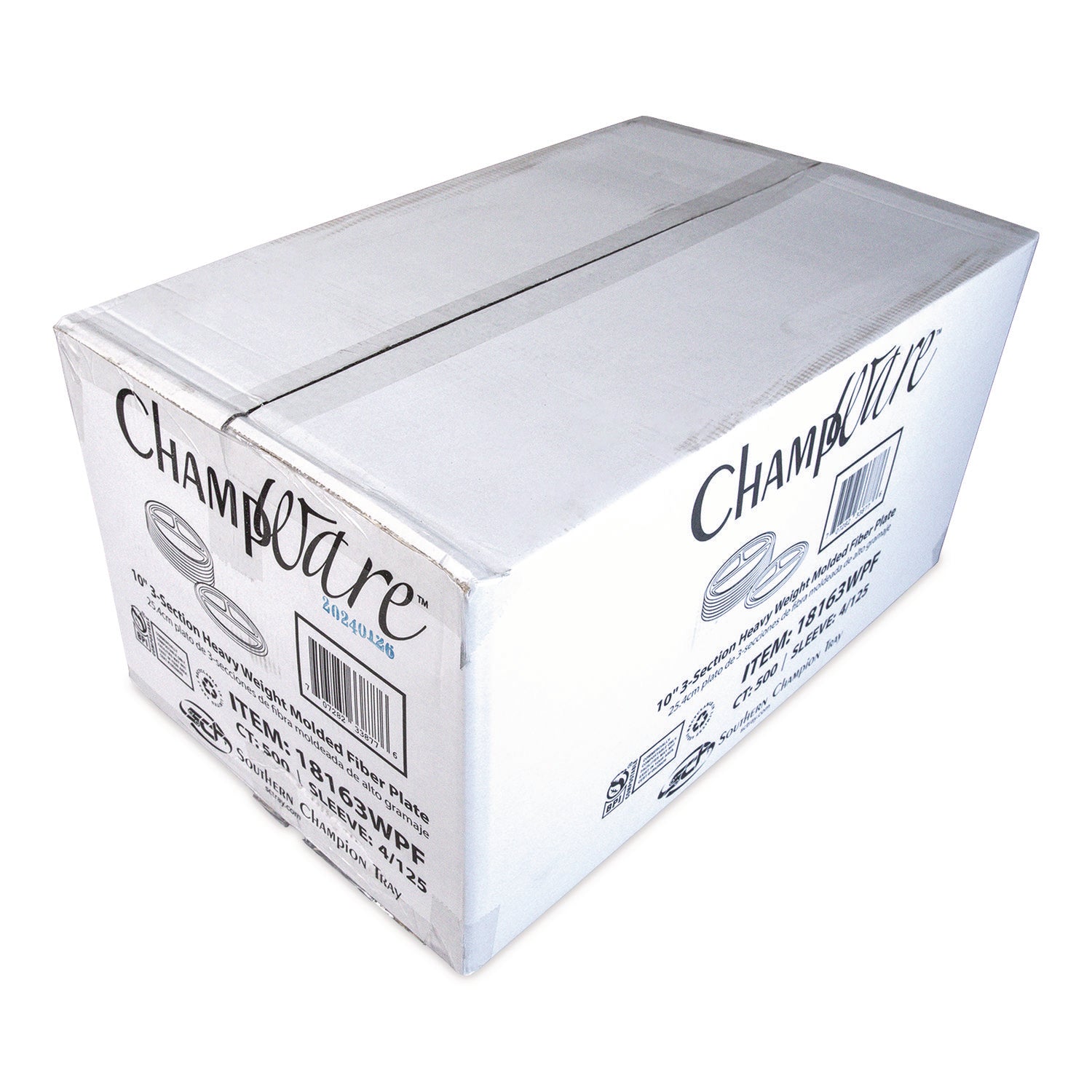 SCT® ChampWare Molded Fiber Tableware, 3-Compartment Plate, 10" dia, White, 125/Sleeve, 4 Sleeves/Carton