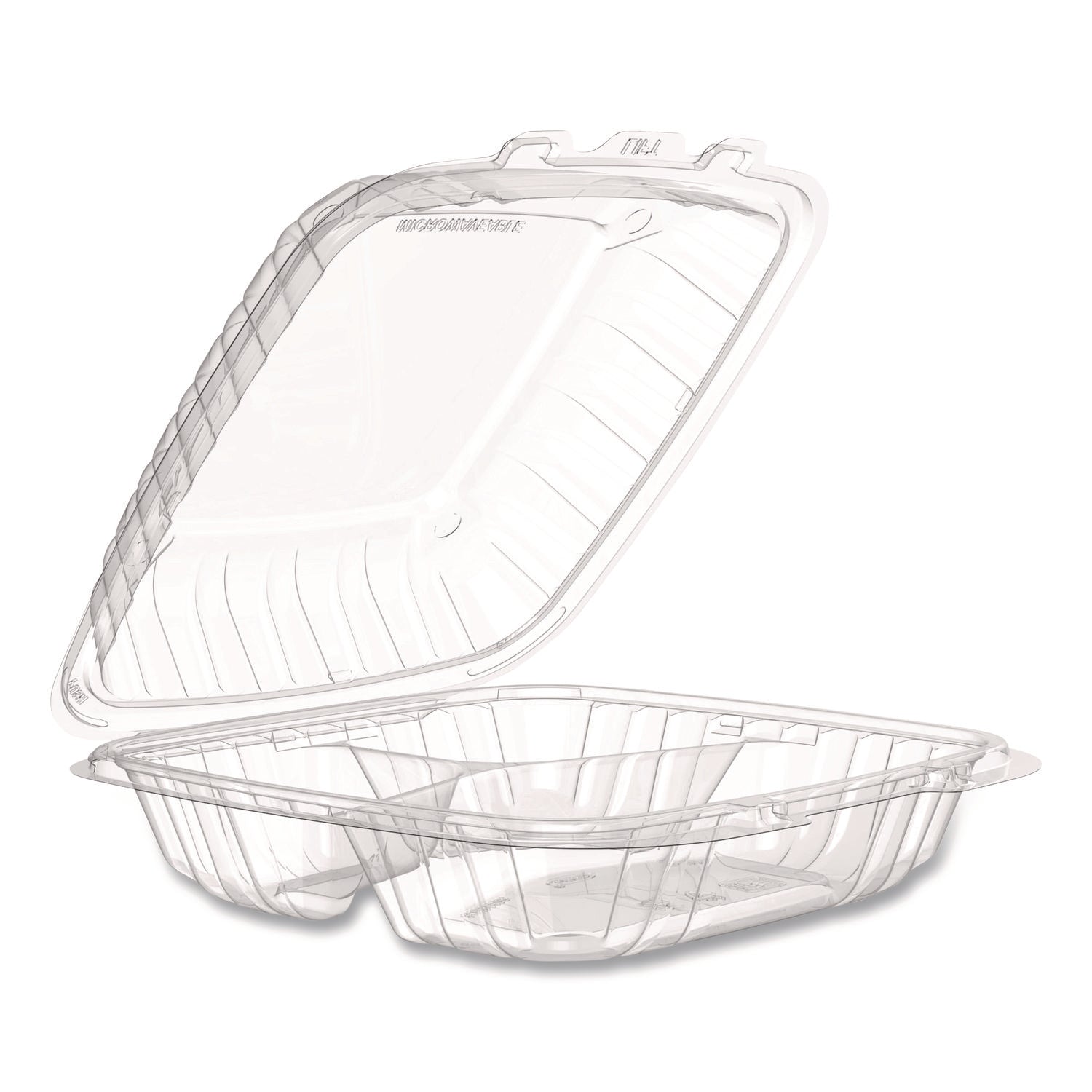 Dart® Microwaveable Hinged Containers, 3 Compartments, 9 x 8.75 x 3, Clear, Plastic,150/Carton