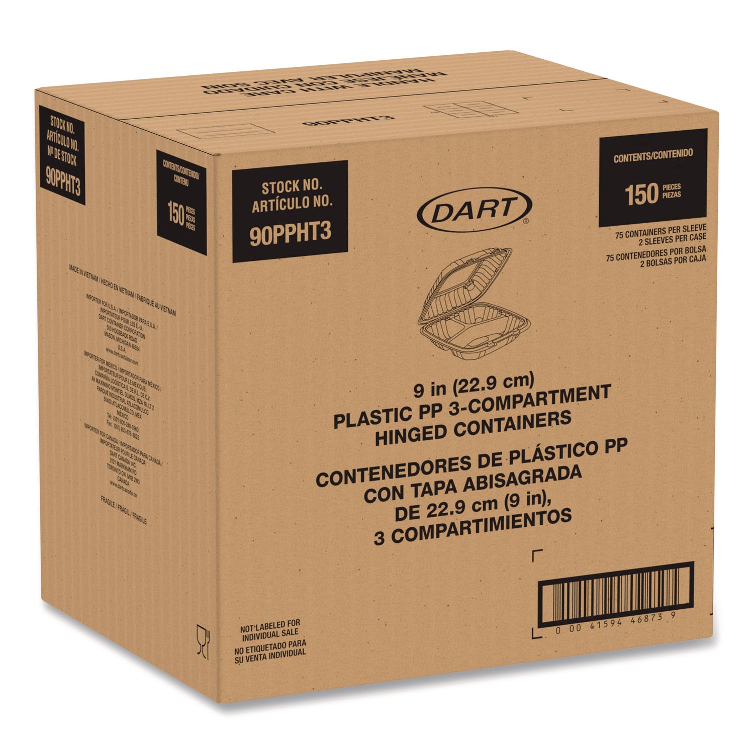 Dart® Microwaveable Hinged Containers, 3 Compartments, 9 x 8.75 x 3, Clear, Plastic,150/Carton