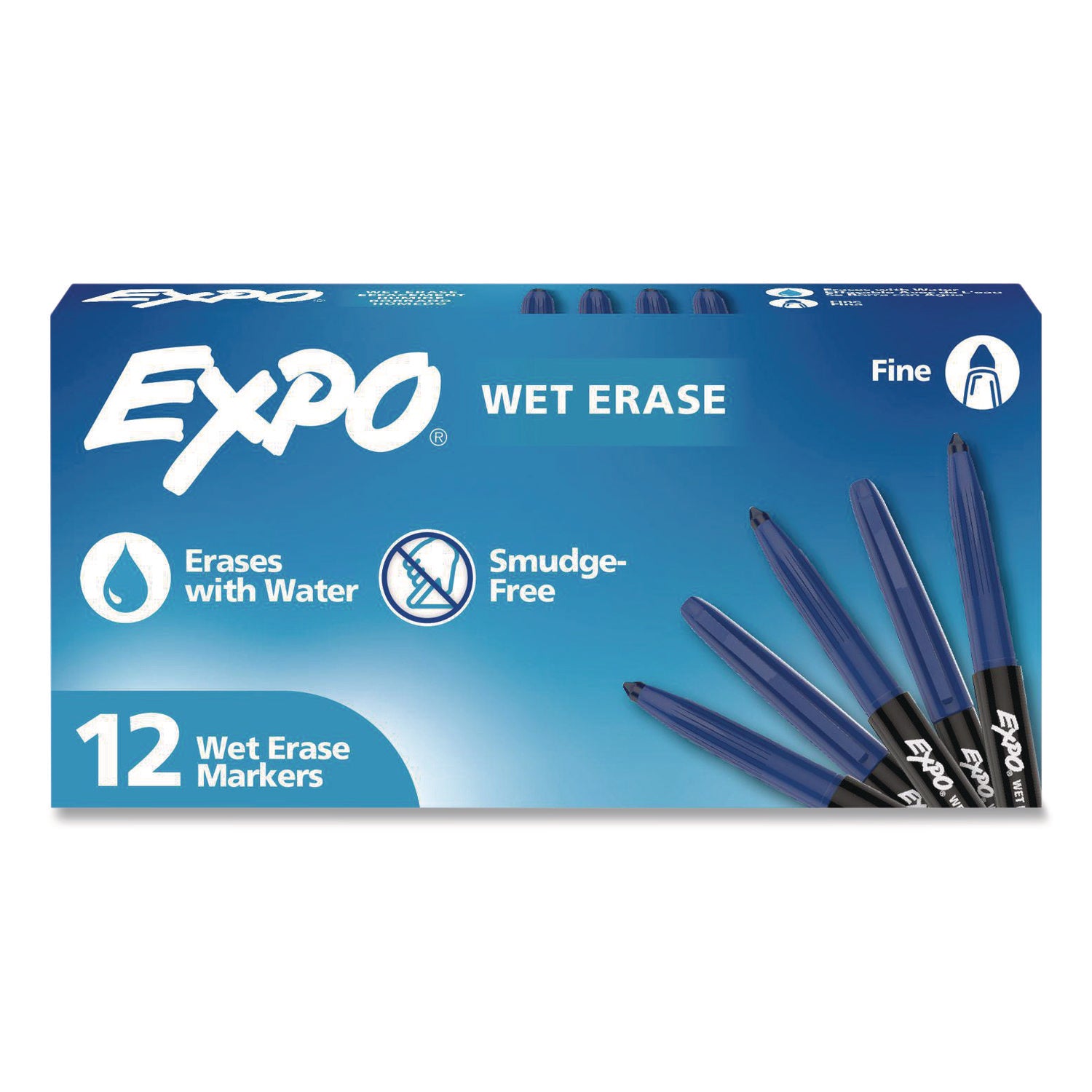 EXPO® Wet Erase Markers, Fine Needle Tip, Blue, 12/Pack