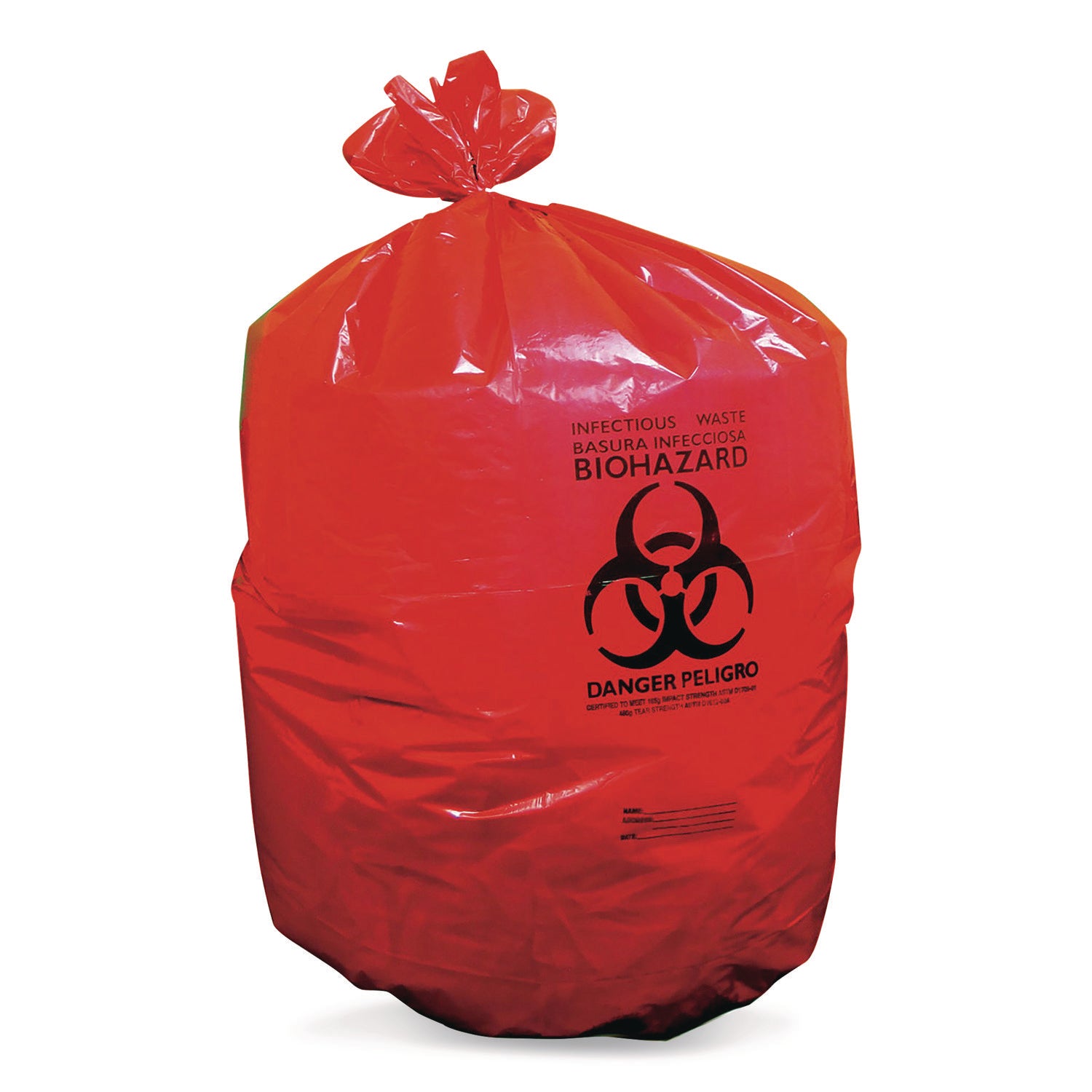 Heritage Healthcare Biohazard Printed Low-Density Can Liners, Biohazard, 45 gal, 1.3 mil, 40 x 46, Red, Flat Pack, 200/Carton