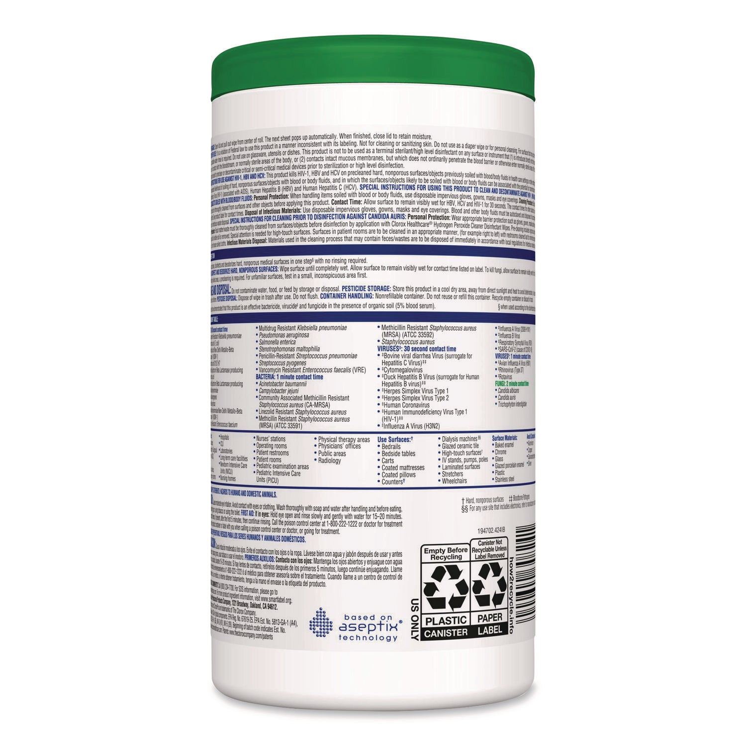 Clorox Healthcare® Hydrogen Peroxide Cleaner Disinfectant Wipes, 6.75 x 9, White, 95/Canister