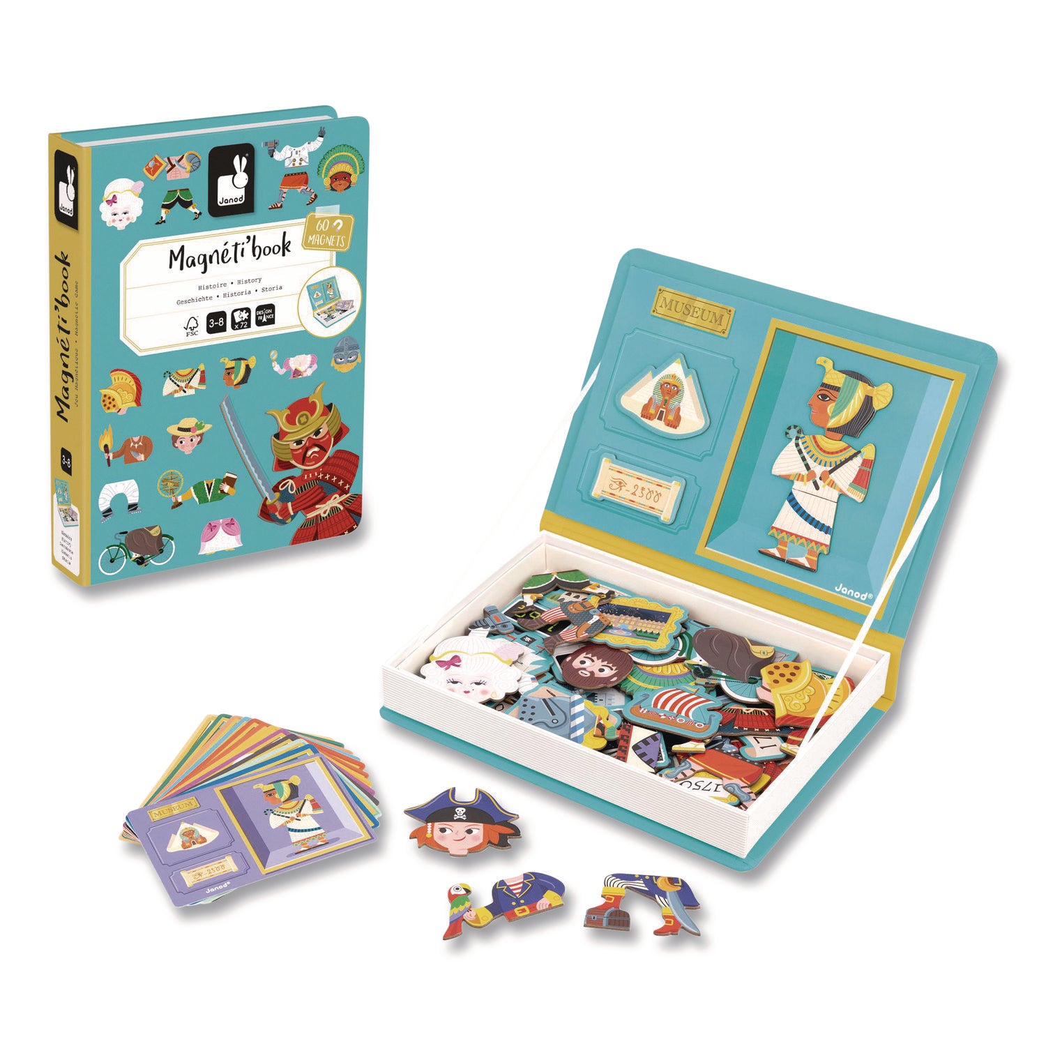 Janod® Magneti'books, History, 72 Pieces (12 Cards, 60 Magnetic Shapes), Ages 3 to 8
