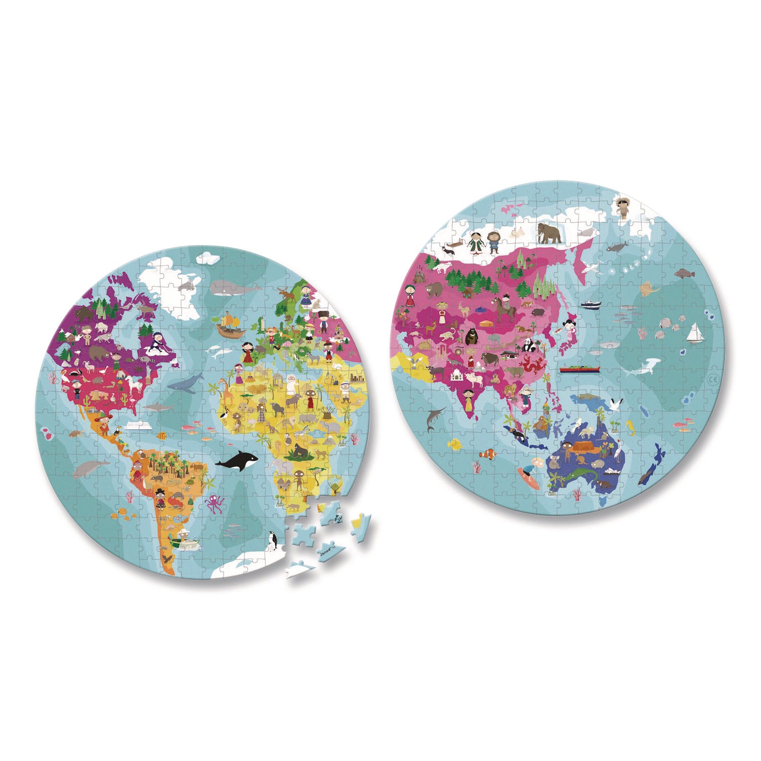 Janod® Cardboard Puzzle, Round Double-Sided Blue Planet Suitcase, 208 Pieces, Ages 7 Years and Up