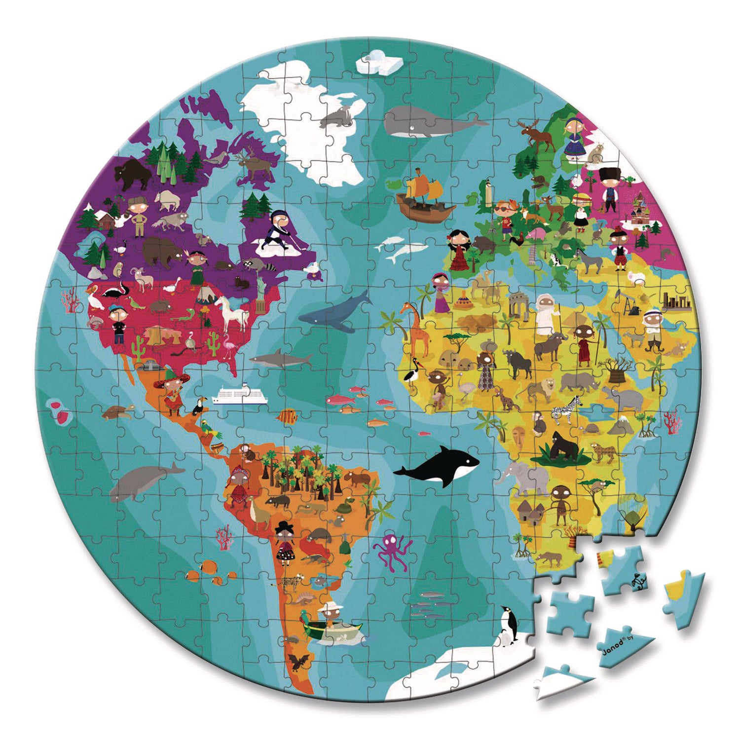 Janod® Cardboard Puzzle, Round Double-Sided Blue Planet Suitcase, 208 Pieces, Ages 7 Years and Up