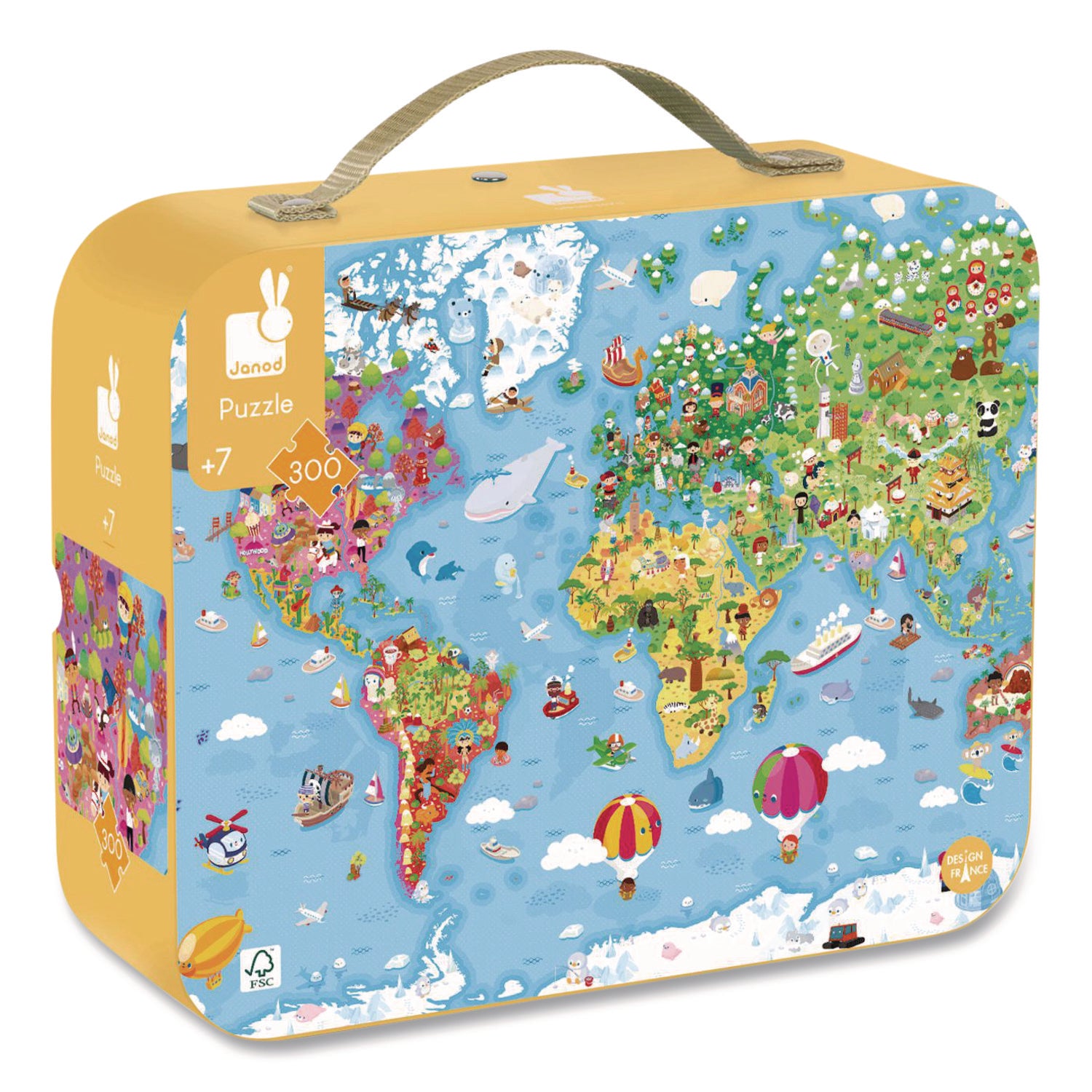 Janod® Cardboard Puzzle, Giant World Map Suitcase Puzzle, 300 Pieces, Ages 7 Years and Up
