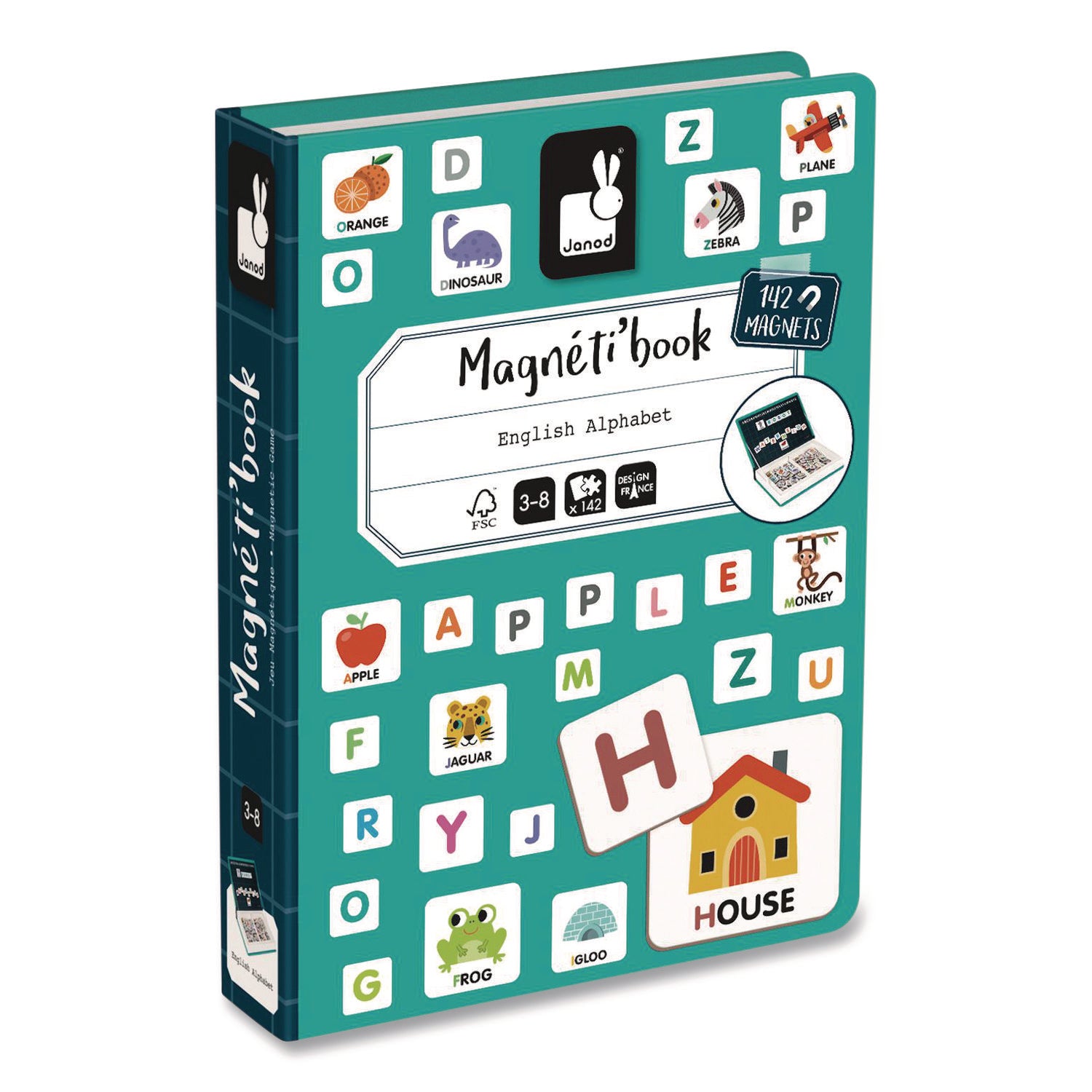 Janod® Magneti'books, Alphabet, 142 Pieces (26 Cards, 116 Magnetic Shapes), Ages 3 to 8