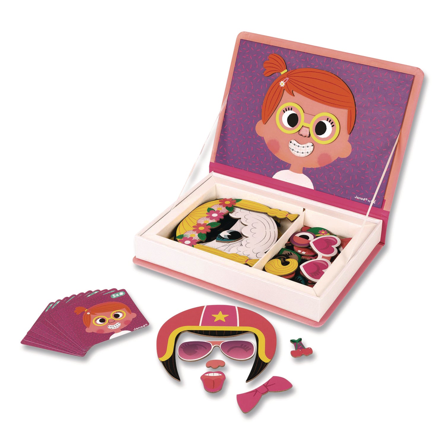 Janod® Magneti'books, Girl's Crazy Faces, 65 Pieces (10 Cards, 55 Magnetic Shapes), Ages 3 to 8