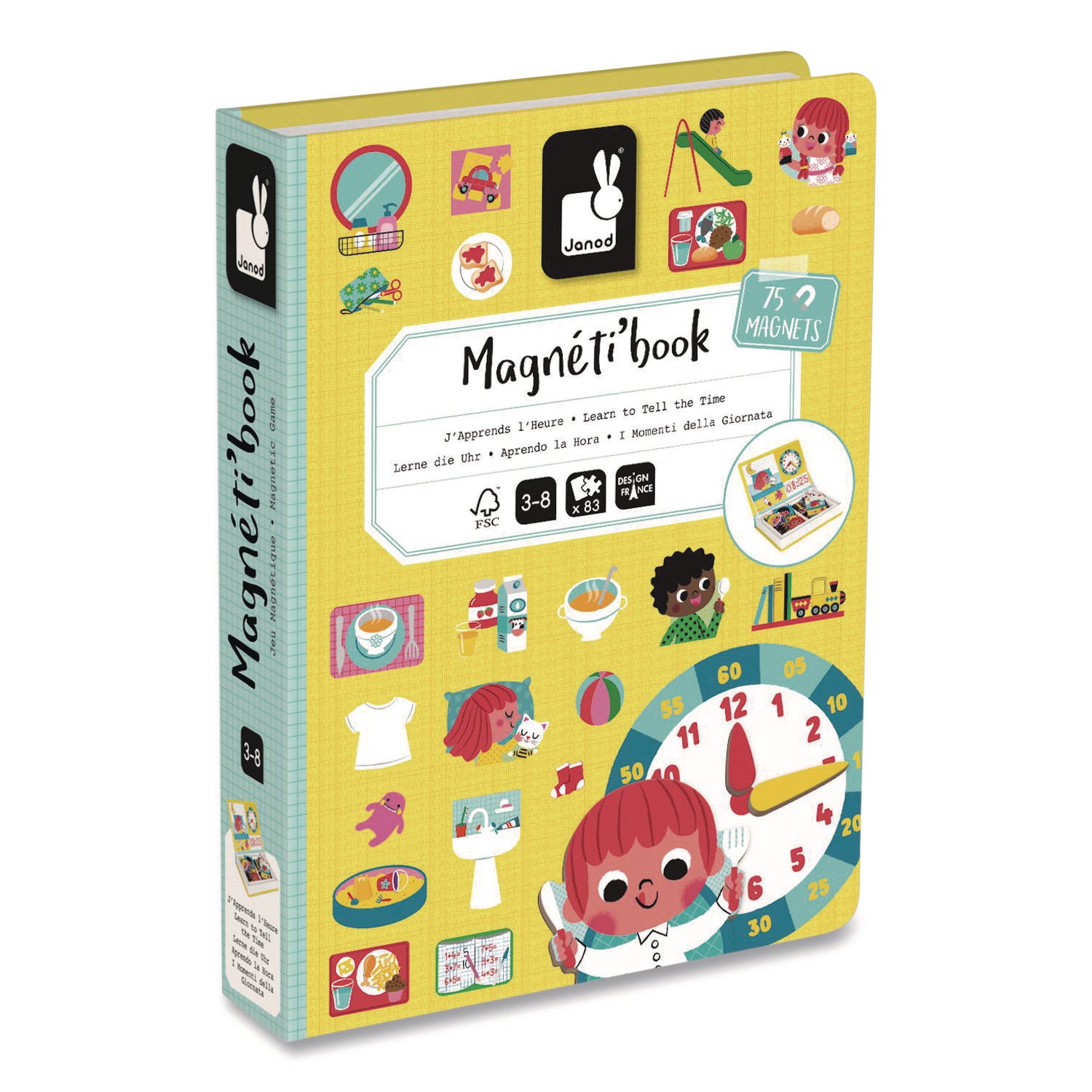 Janod® Magneti'books, Learn to Tell the Time, 91 Pieces (16 Cards, 75 Magnetic Shapes), Ages 3 to 8