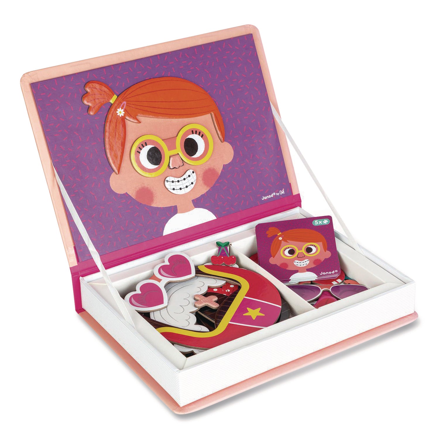 Janod® Magneti'books, Girl's Crazy Faces, 65 Pieces (10 Cards, 55 Magnetic Shapes), Ages 3 to 8