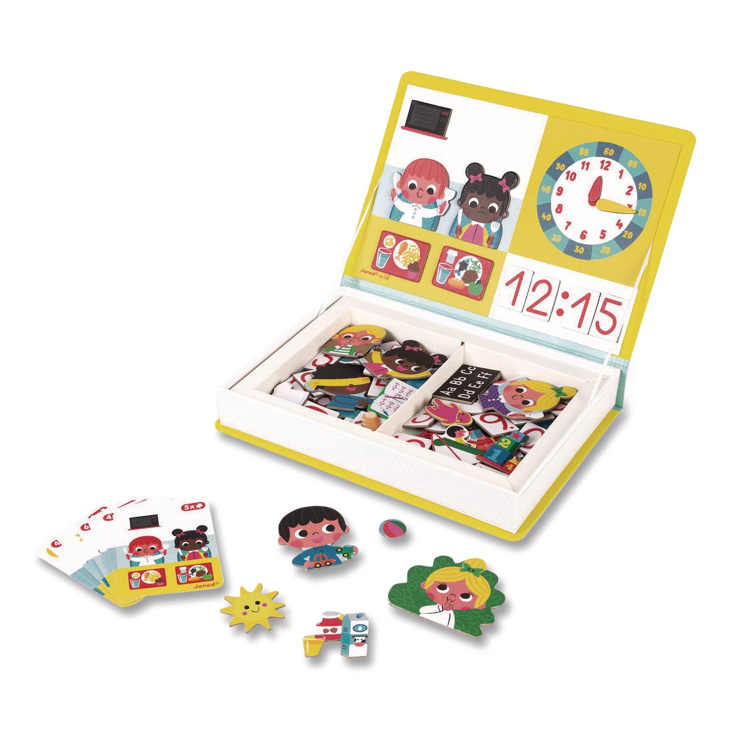 Janod® Magneti'books, Learn to Tell the Time, 91 Pieces (16 Cards, 75 Magnetic Shapes), Ages 3 to 8