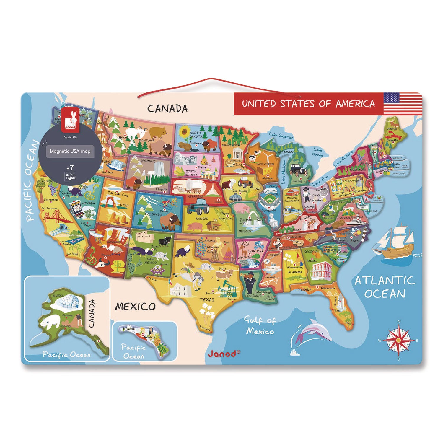 Janod® Cardboard Puzzle, United States Map Puzzle, 48 Pieces, Ages 7 to 12