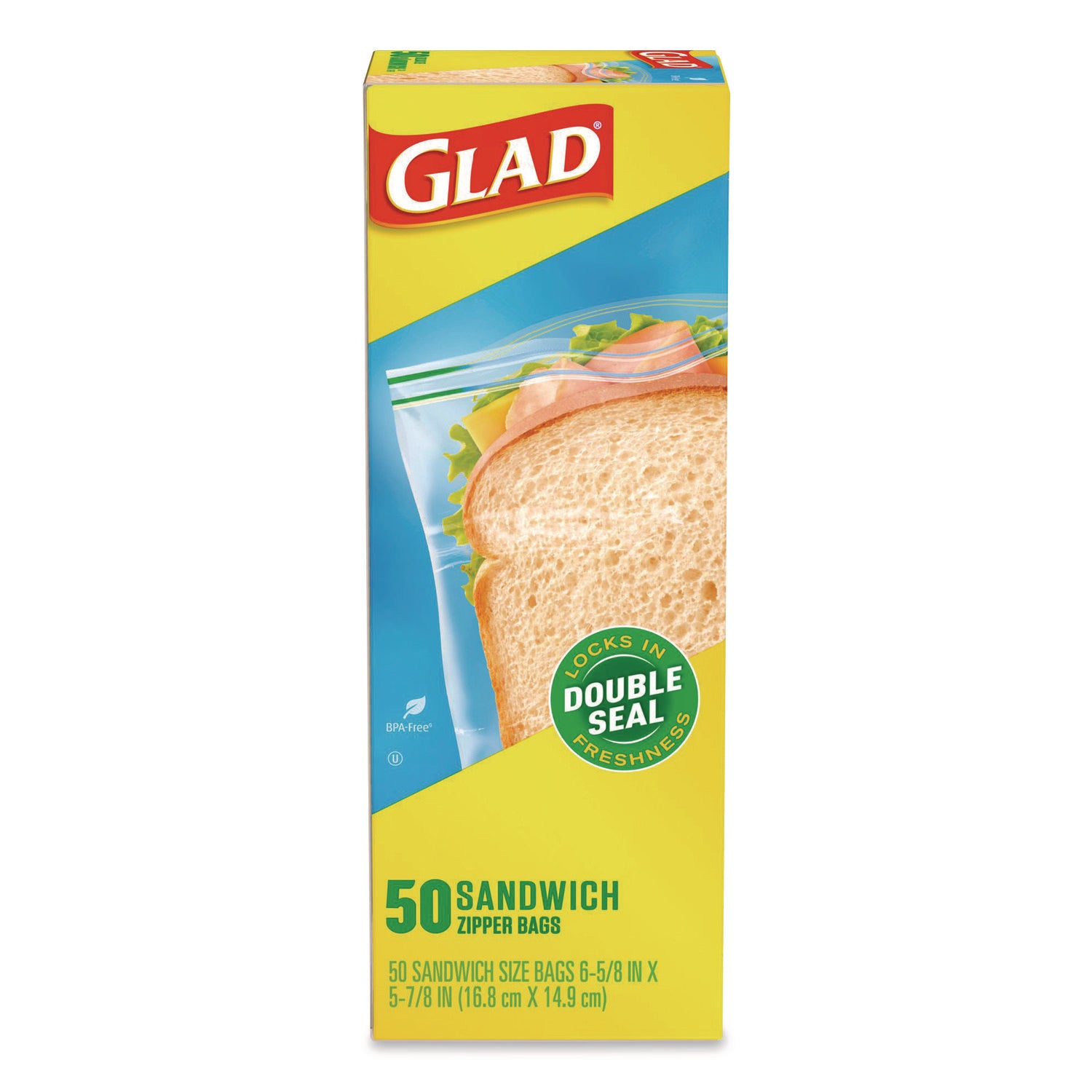 Glad® Zipper Food Storage Plastic Sandwich Bags, 6.63 x 5.88, Clear, 50 Bags/Box