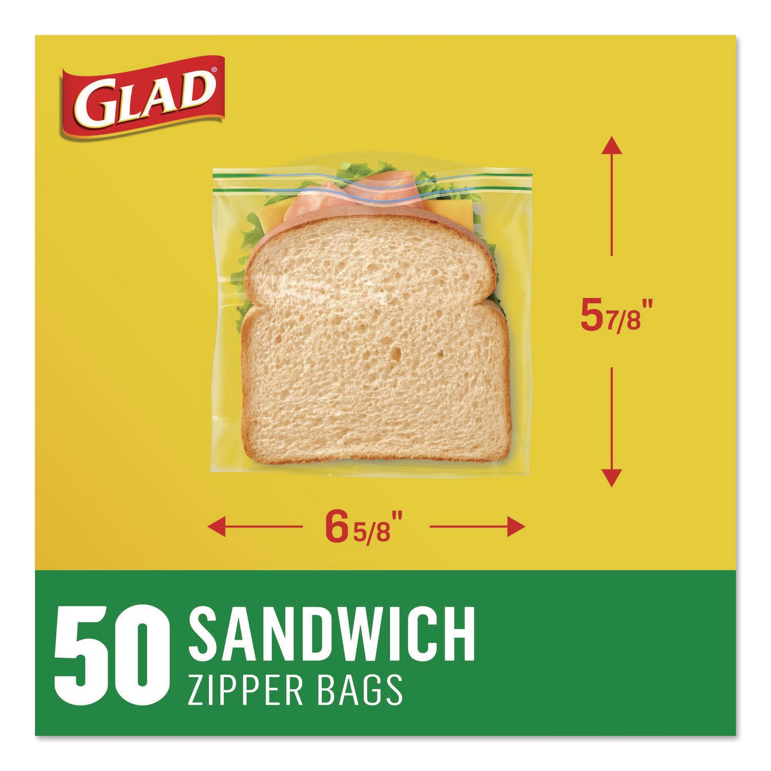 Glad® Zipper Food Storage Plastic Sandwich Bags, 6.63 x 5.88, Clear, 50 Bags/Box