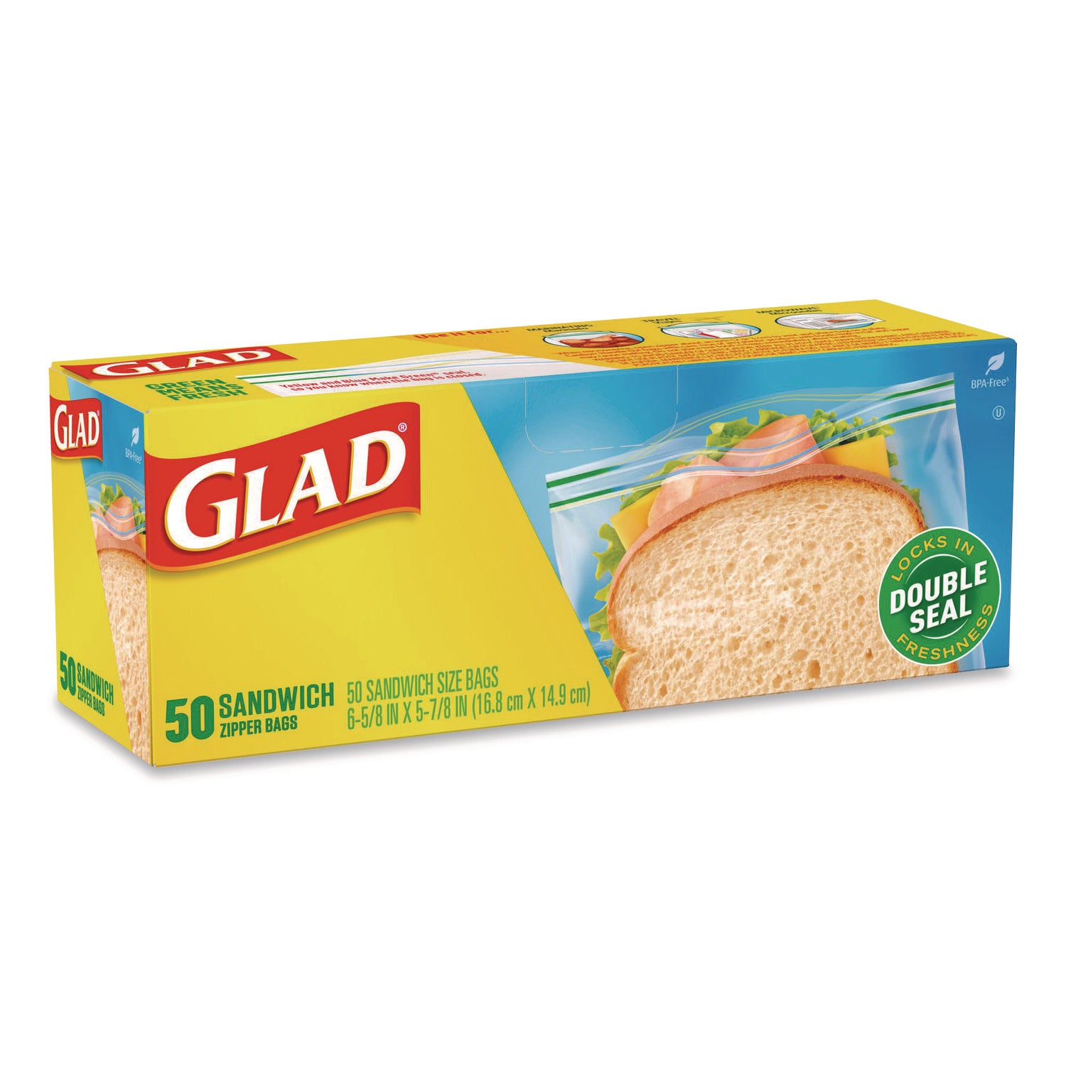 Glad® Zipper Food Storage Plastic Sandwich Bags, 6.63 x 5.88, Clear, 50 Bags/Box