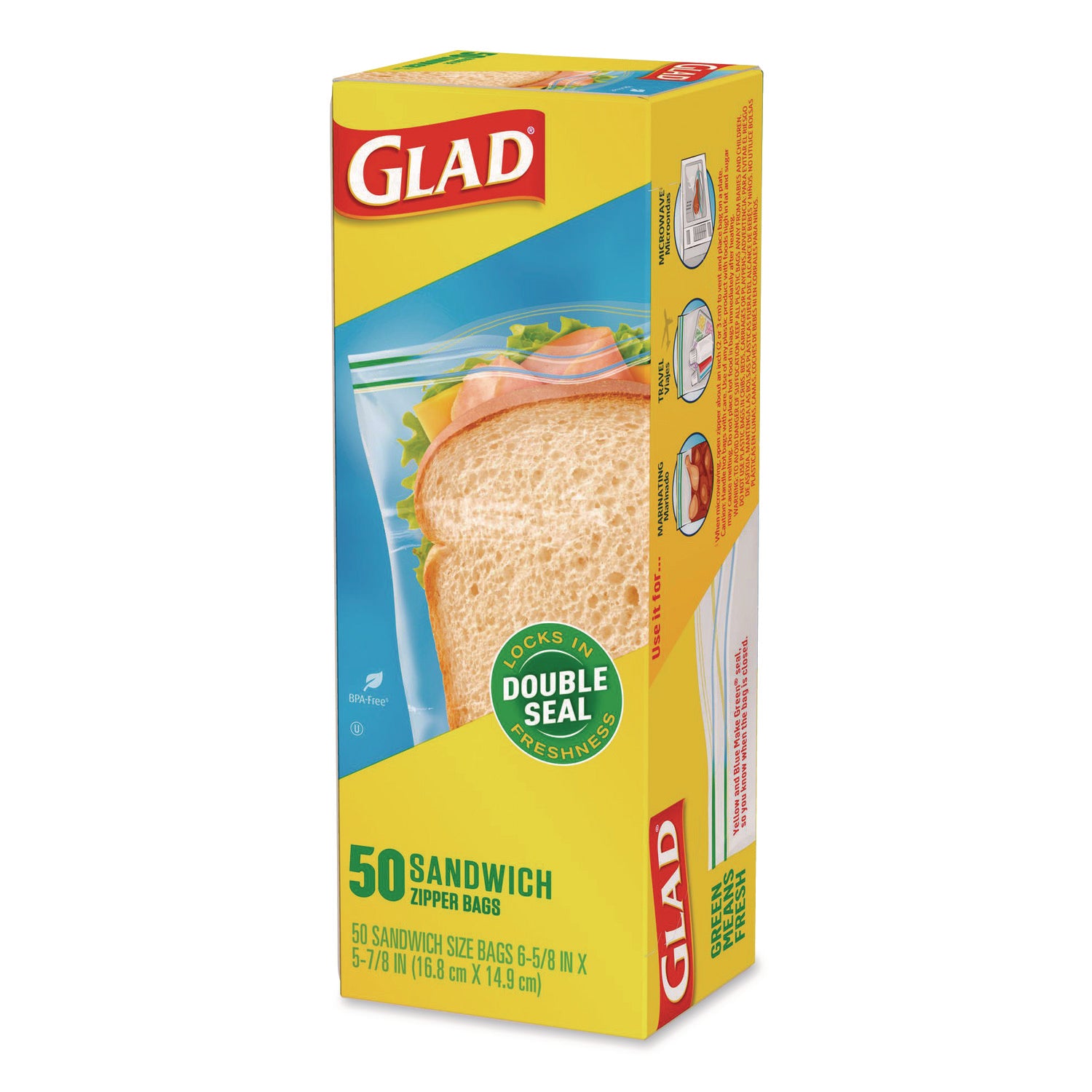 Glad® Zipper Food Storage Plastic Sandwich Bags, 6.63 x 5.88, Clear, 50 Bags/Box