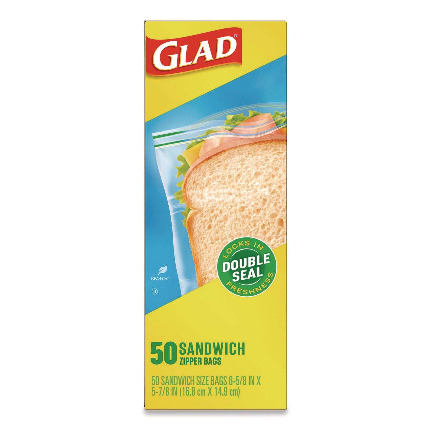 Glad® Zipper Food Storage Plastic Sandwich Bags, 6.63 x 5.88, Clear, 50 Bags/Box