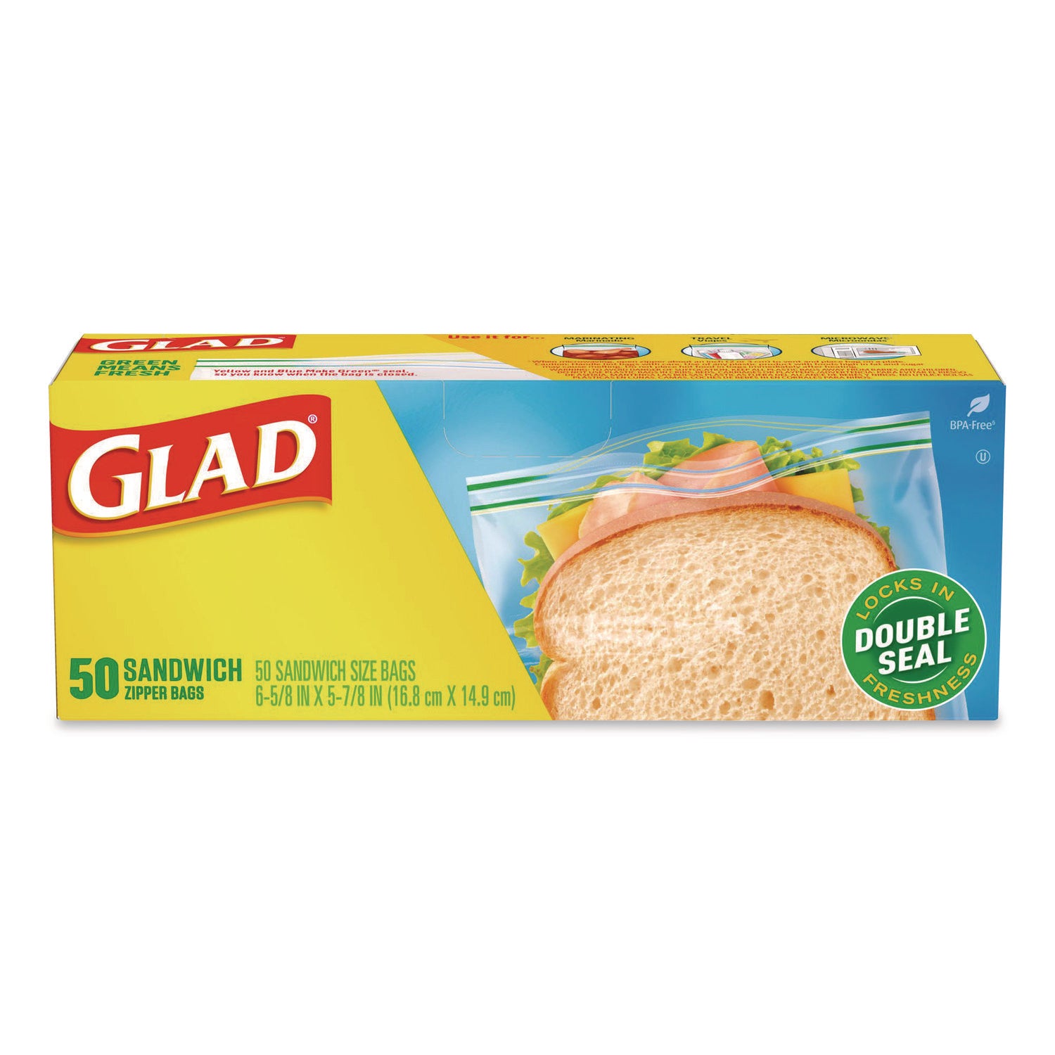 Glad® Zipper Food Storage Plastic Sandwich Bags, 6.63 x 5.88, Clear, 50 Bags/Box