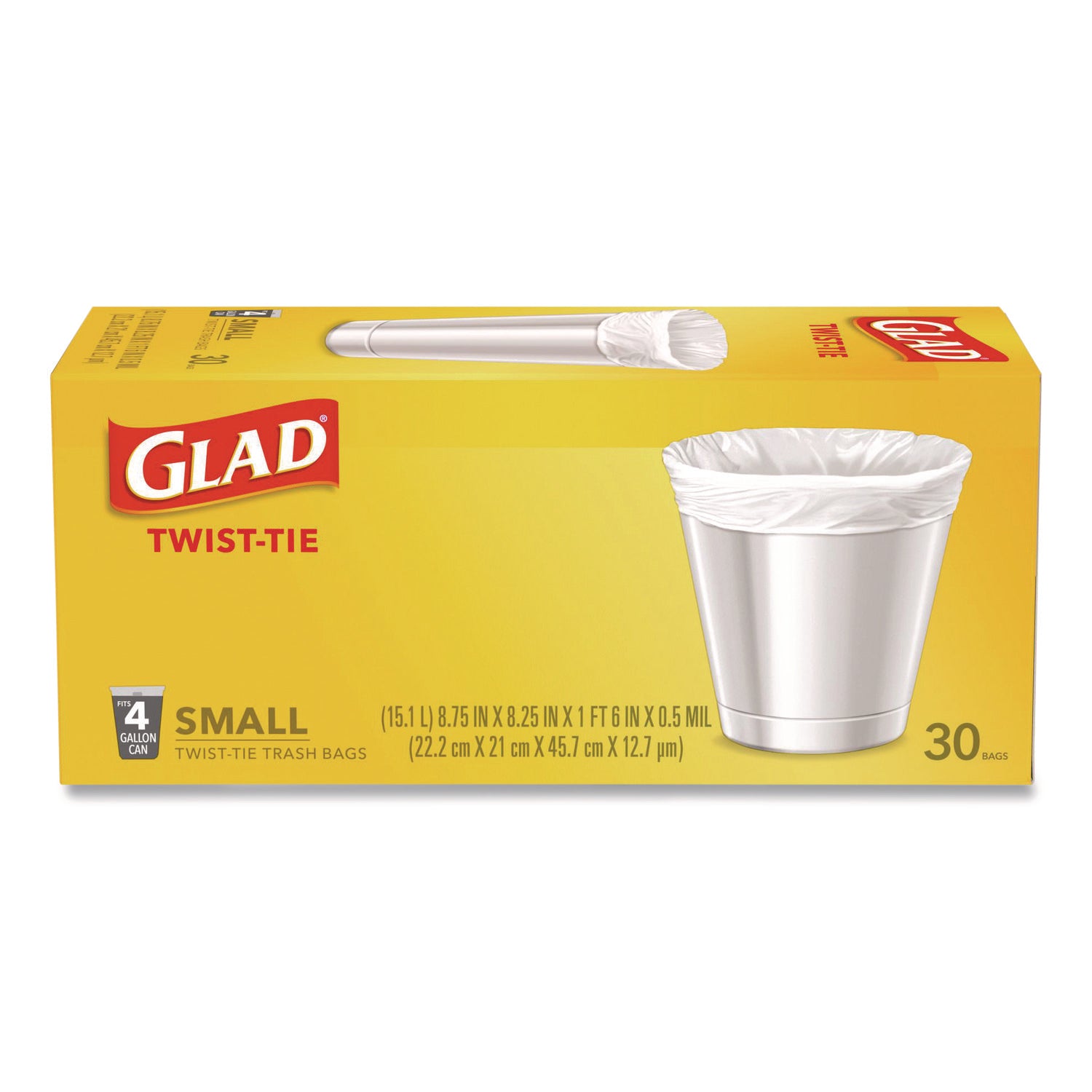 Glad® Small Twist-Tie Trash Bags, 4 gal, 0.74 mil, 23 x 21.63, White, 30/Box