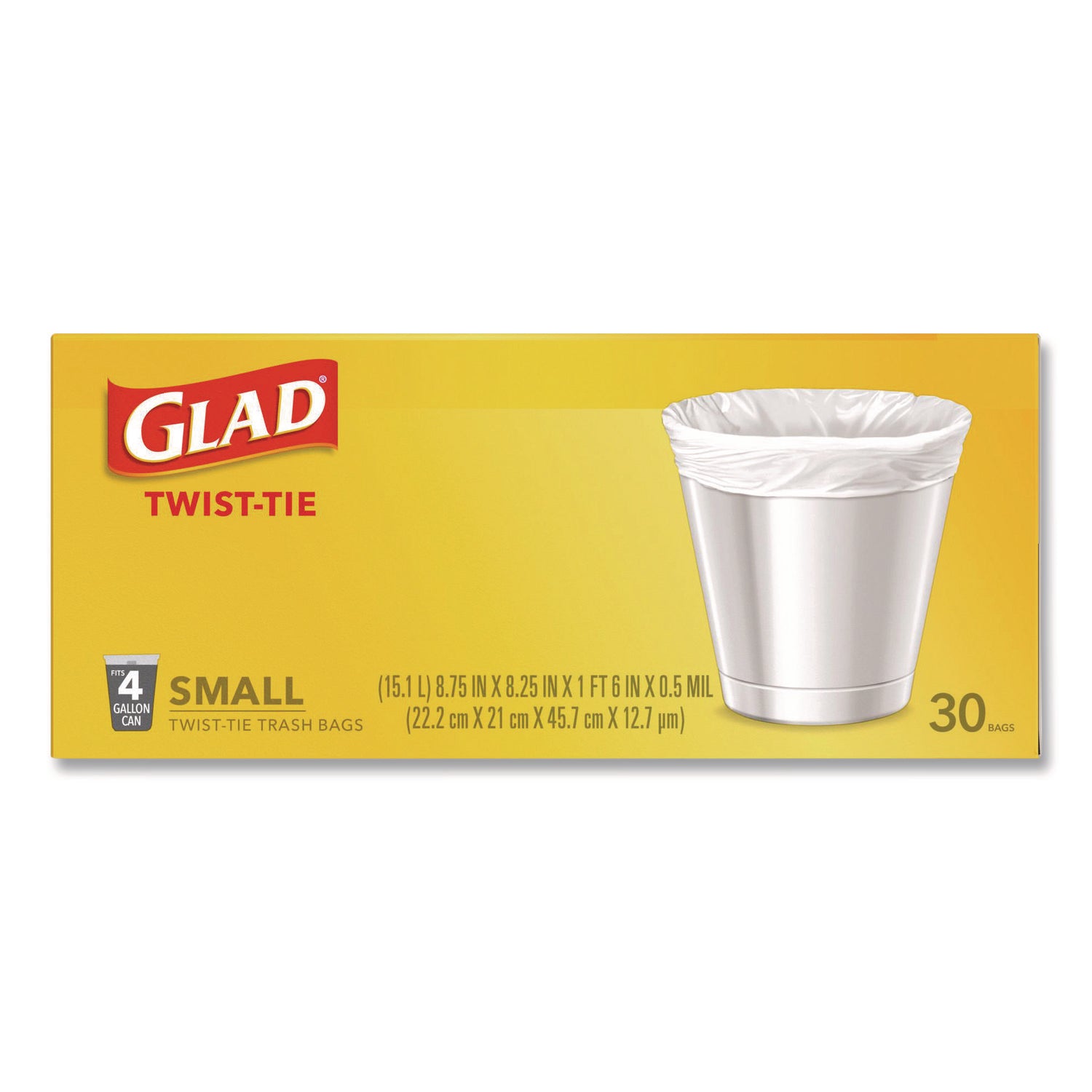 Glad® Small Twist-Tie Trash Bags, 4 gal, 0.74 mil, 23 x 21.63, White, 30/Box