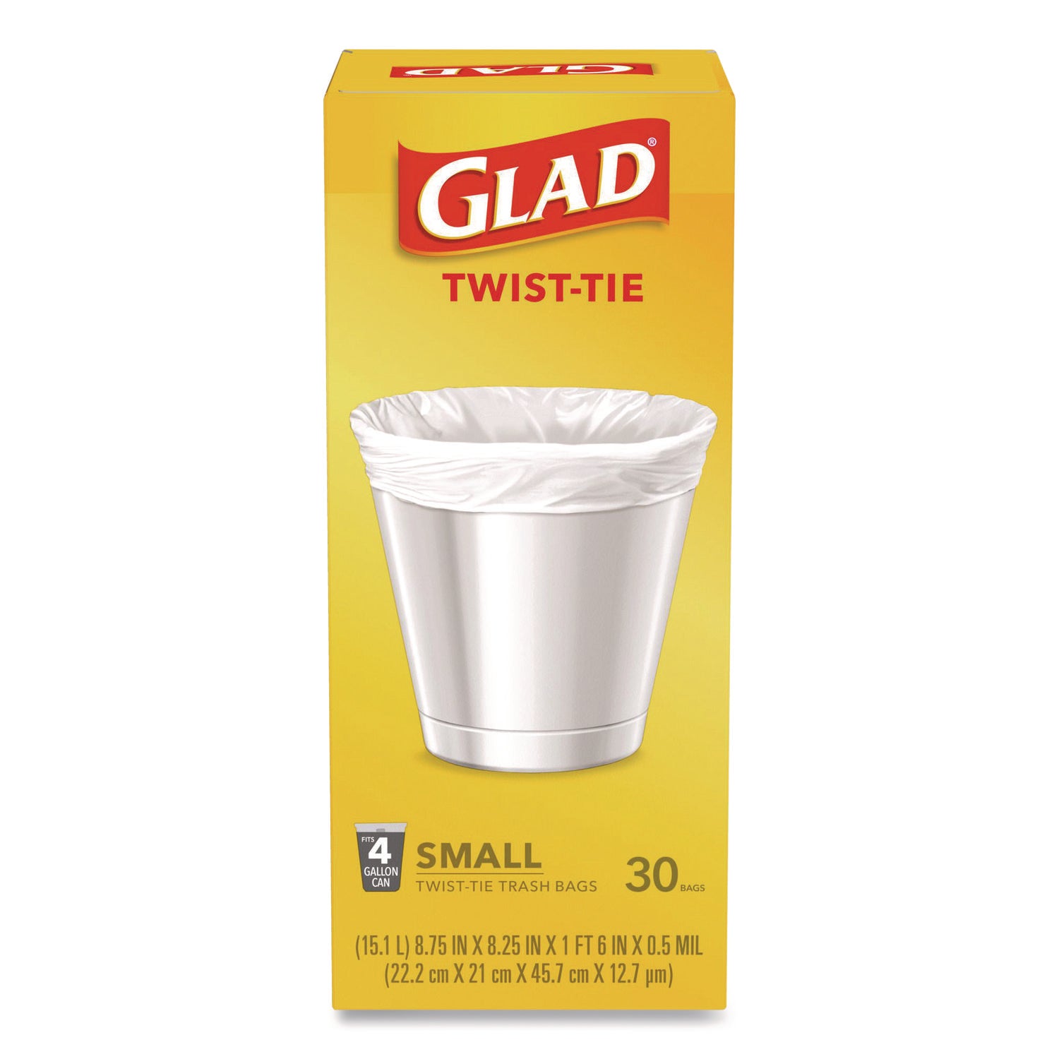 Glad® Small Twist-Tie Trash Bags, 4 gal, 0.74 mil, 23 x 21.63, White, 30/Box
