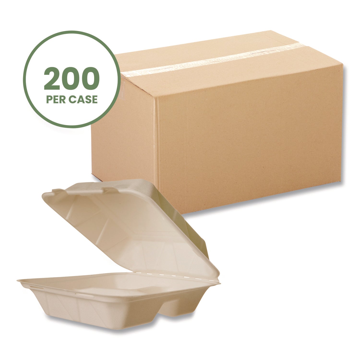 Vegware™ Nourish Molded Fiber Takeout Containers, Compostable, 3 Compartments, 7.9 x 7.9 x 2.9, White, Sugarcane, 200/Carton