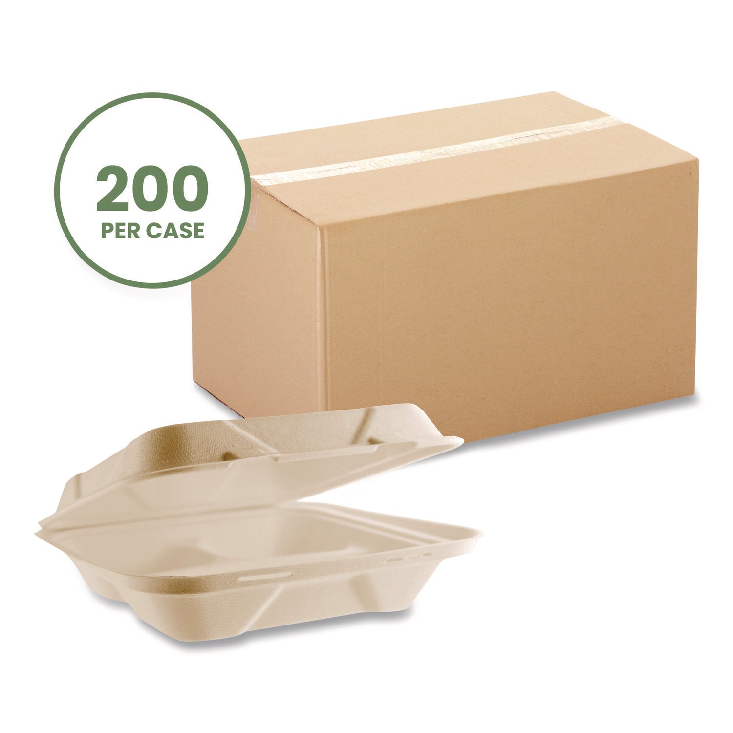 Vegware™ Nourish Molded Fiber Takeout Containers, Compostable, 3 Compartments, 5 x 9 x 2, White, Sugarcane, 200/Carton