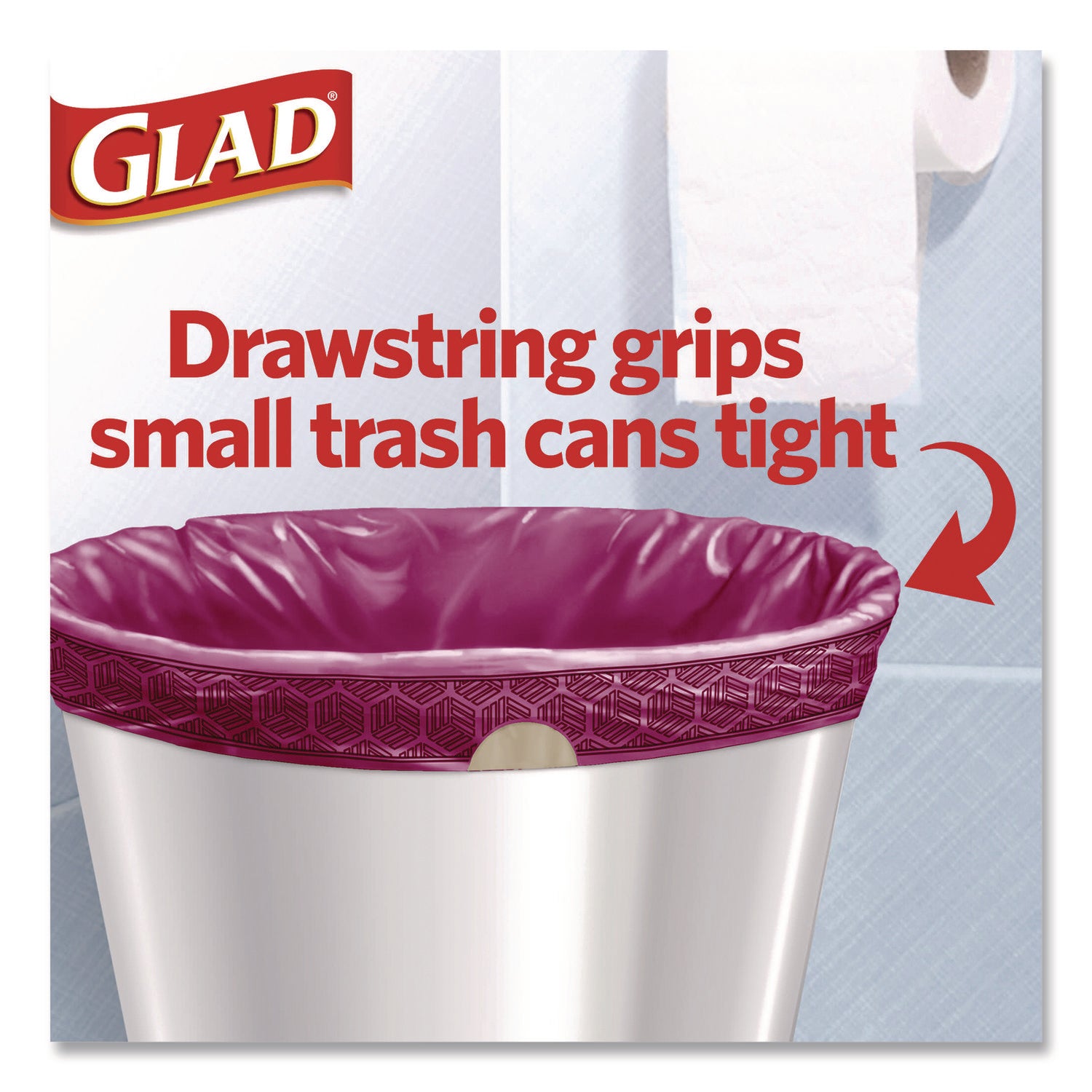 Glad® OdorShield Small Drawstring Trash Bags, 4 gal, Cherry Blossom Scent, 0.5 mil, 18" x 17", Pink, 34/Box