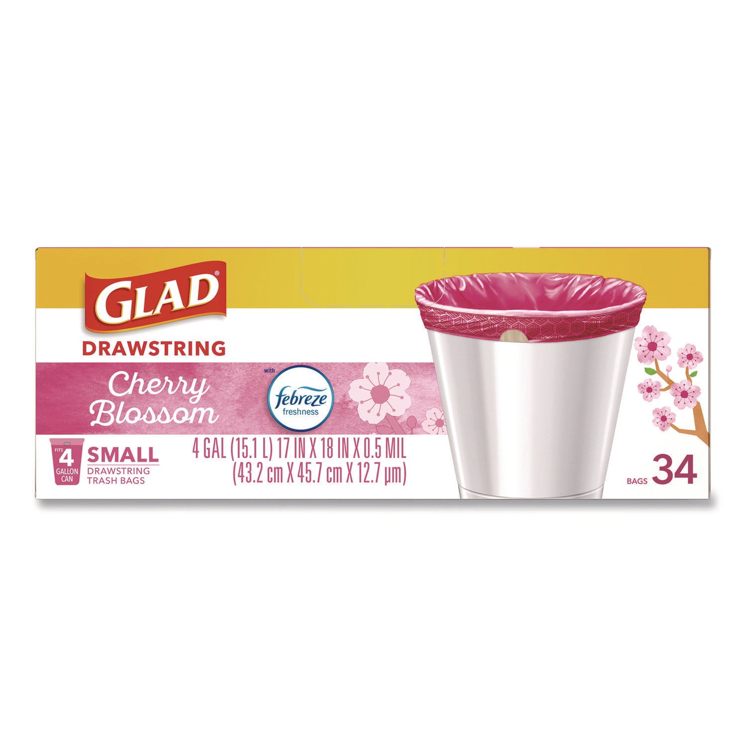 Glad® OdorShield Small Drawstring Trash Bags, 4 gal, Cherry Blossom Scent, 0.5 mil, 18" x 17", Pink, 34/Box