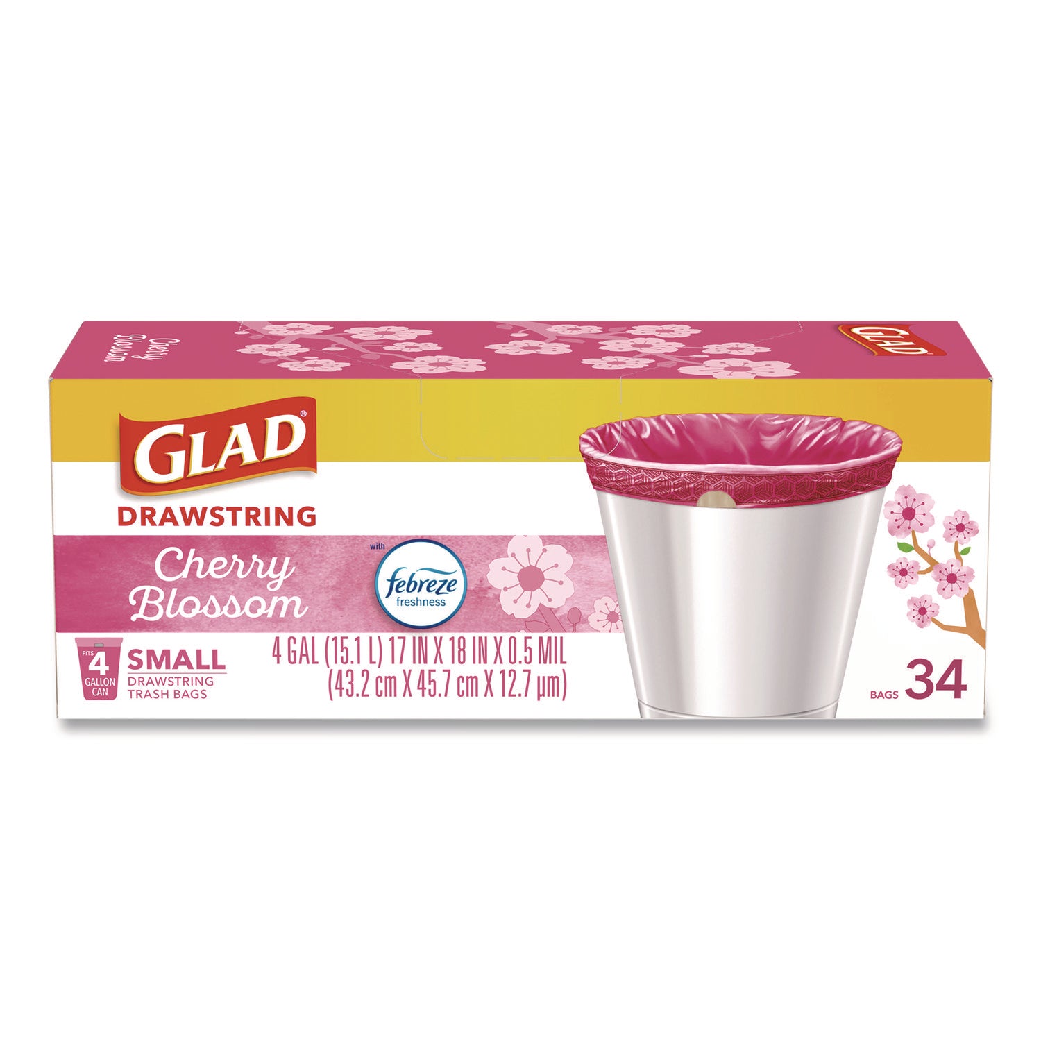 Glad® OdorShield Small Drawstring Trash Bags, 4 gal, Cherry Blossom Scent, 0.5 mil, 18" x 17", Pink, 34/Box