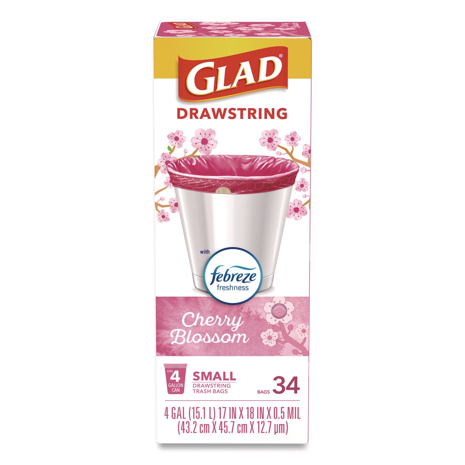 Glad® OdorShield Small Drawstring Trash Bags, 4 gal, Cherry Blossom Scent, 0.5 mil, 18" x 17", Pink, 34/Box
