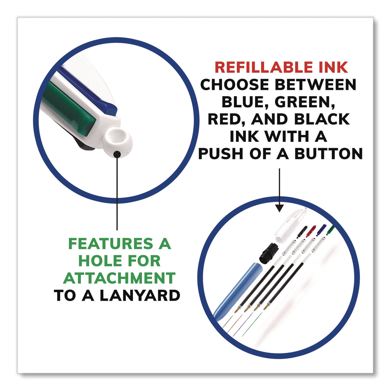 BIC® 4-Color Multi-Color Ballpoint Pen, Retractable, Medium 1 mm, Black/Blue/Green/Red Ink, Blue/White Barrel, 12/Box