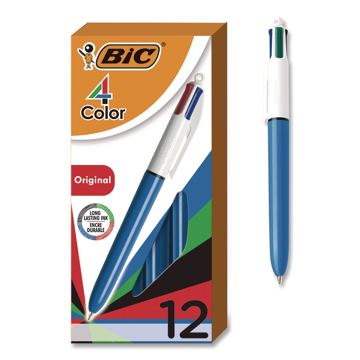 BIC® 4-Color Multi-Color Ballpoint Pen, Retractable, Medium 1 mm, Black/Blue/Green/Red Ink, Blue/White Barrel, 12/Box